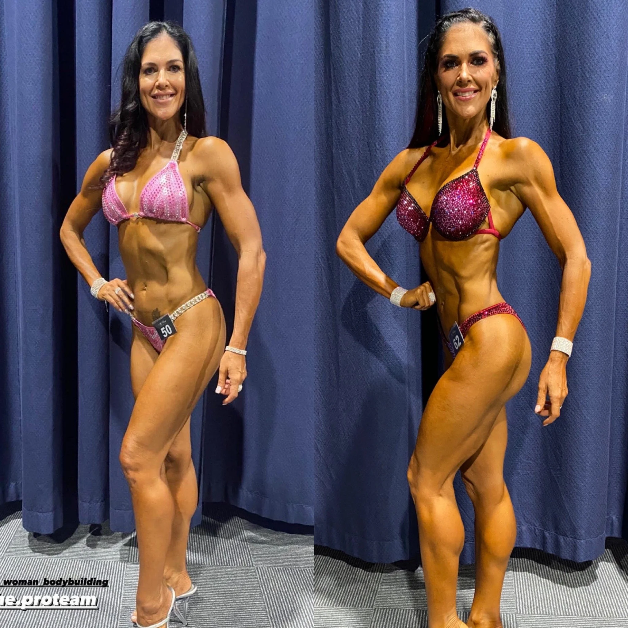 Two female bodybuilders pose in bikinis with dark blue curtains background, showcasing muscular physique at a bodybuilding competition.
