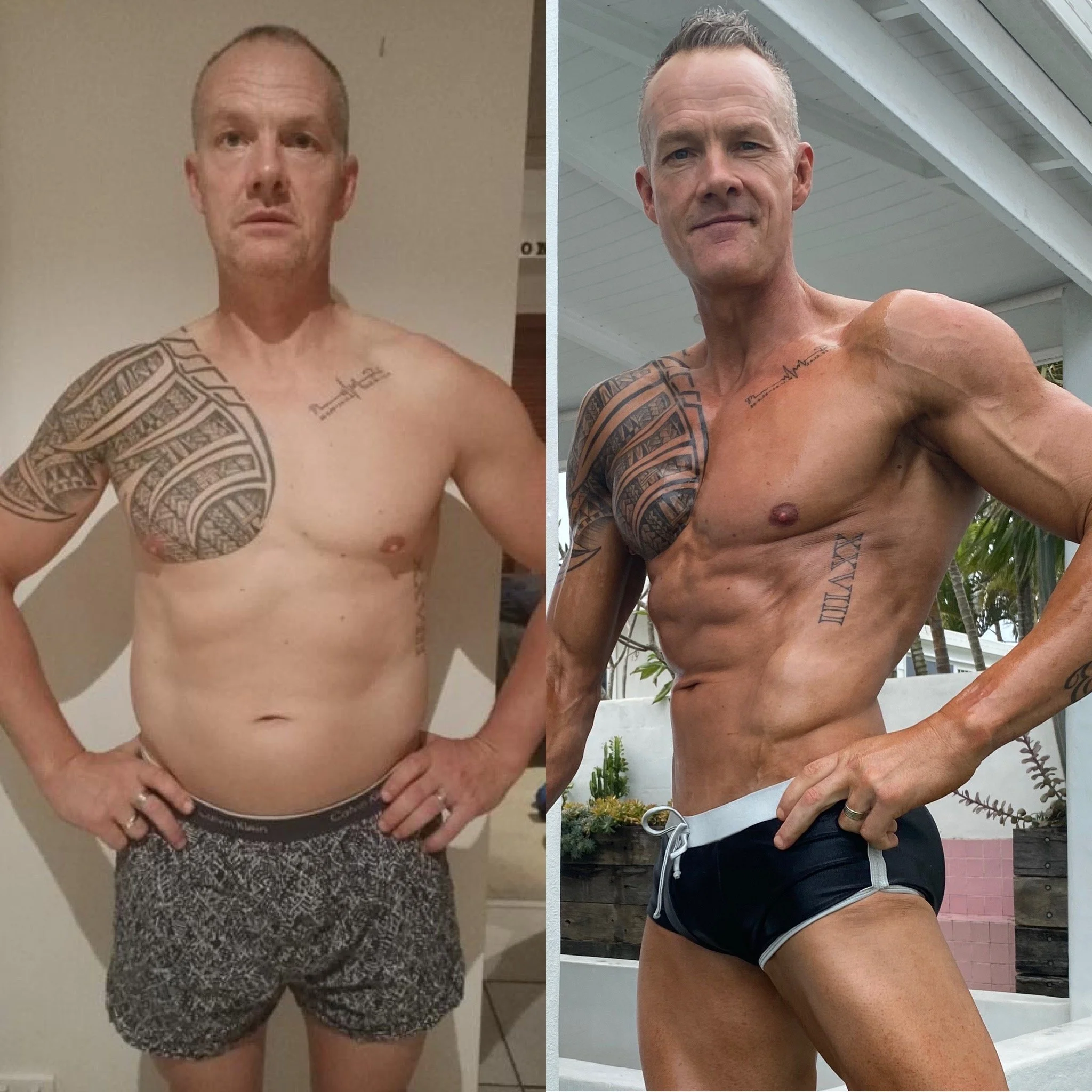 Side-by-side comparison of a middle-aged shirtless man with tattoos. The left photo shows him with a heavier physique, wearing patterned shorts, standing indoors with hands on hips. The right photo shows him with a much leaner and muscular physique, wearing black swim trunks, outdoors, smiling slightly, with hands on hips and flexed muscles.