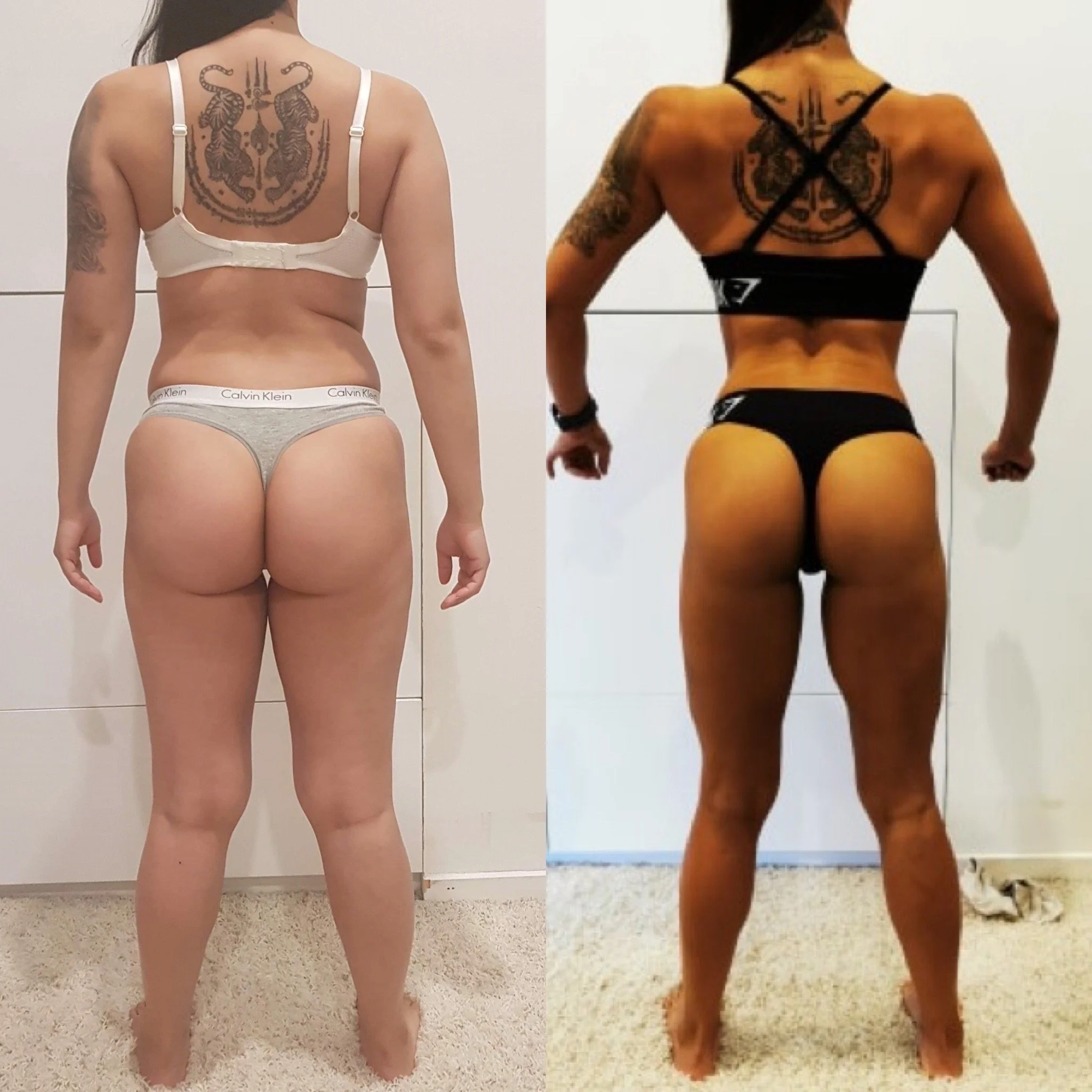 Side-by-side photos of a woman showing her back, one before and one after fitness transformation. In the first image, she is wearing a white sports bra and gray Calvin Klein underwear. In the second, she is wearing a black sports bra and black thong underwear, showcasing toned muscles and a more defined back.