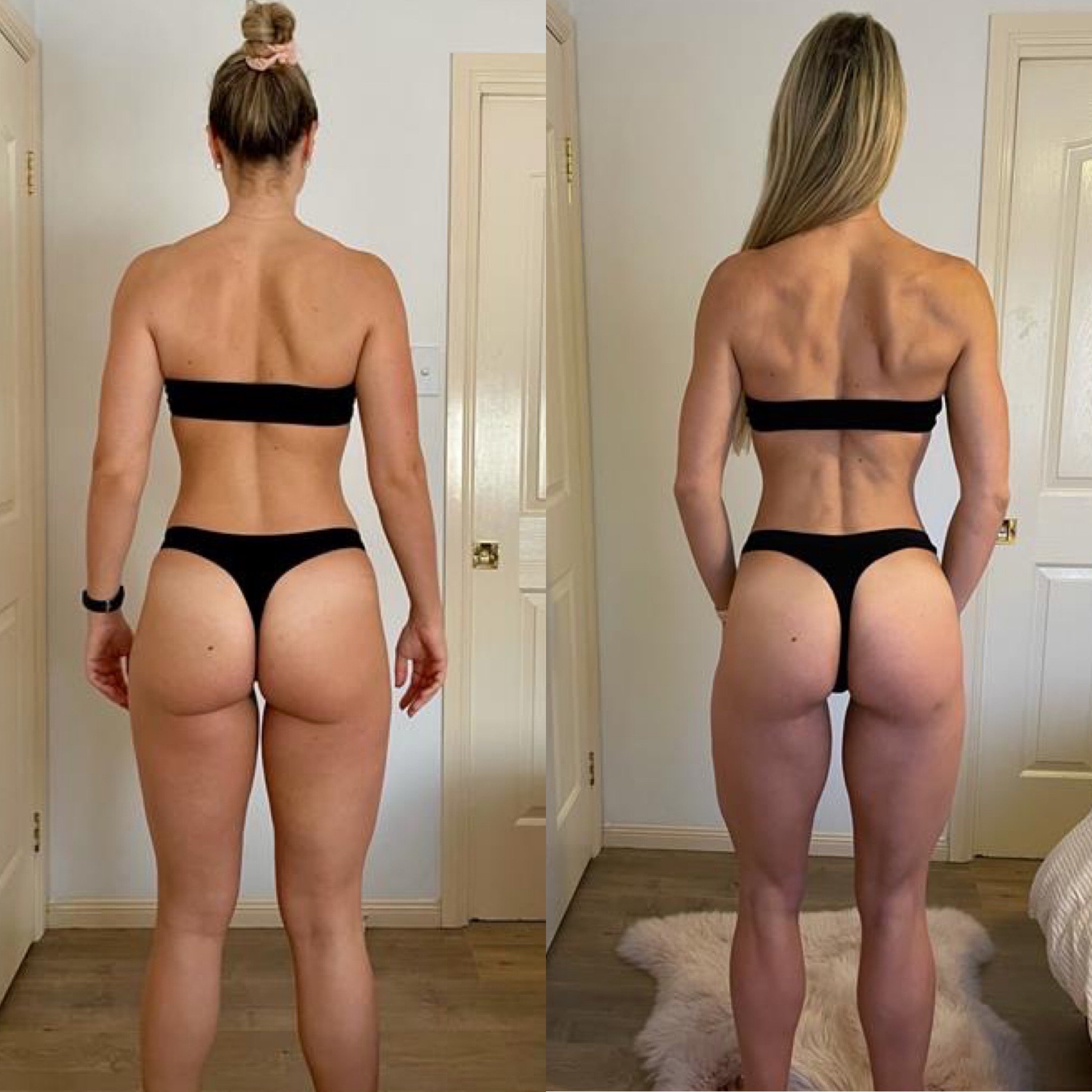 Side-by-side comparison of a woman's back before and after fitness transformation, wearing black bikini, with a white door in the background.