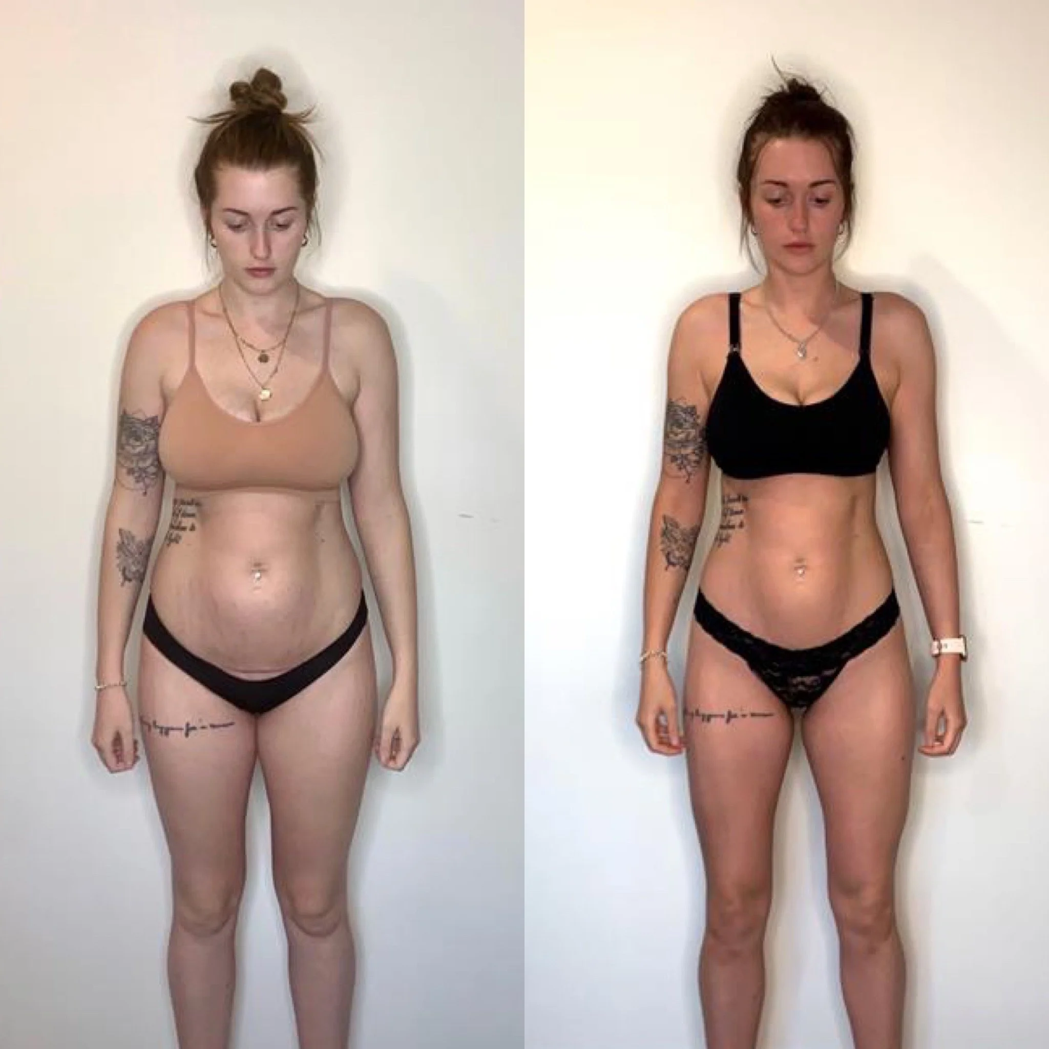 Side-by-side comparison of a woman before and after weight loss, wearing a beige sports bra and black underwear in the first photo, and a black sports bra and black lace underwear in the second photo. She has tattoos on her arms and a belly button piercing.