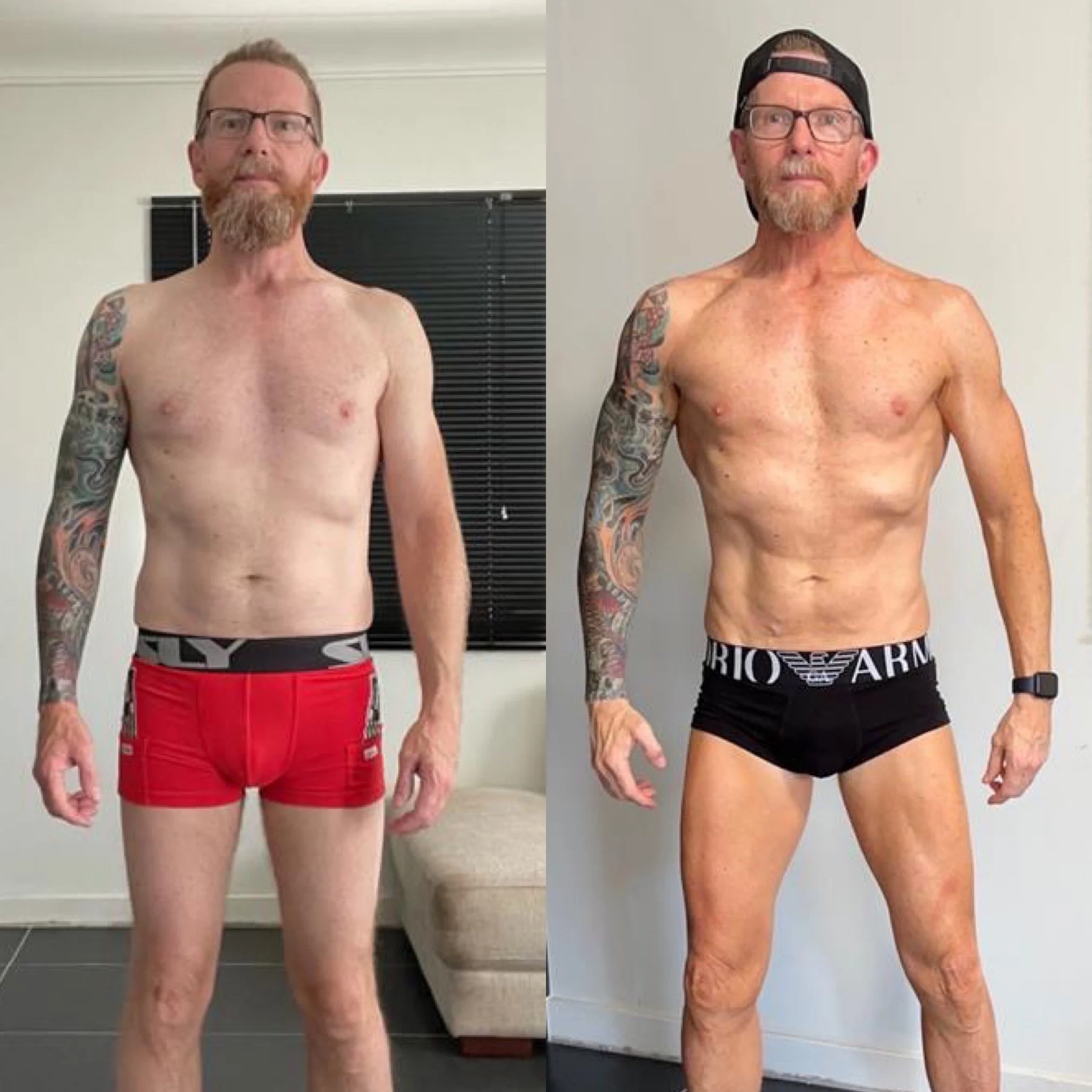 Side-by-side comparison photo showing a man's transformation, shirtless, wearing athletic shorts, with visible muscle tone on the right, and a physique before losing weight on the left.