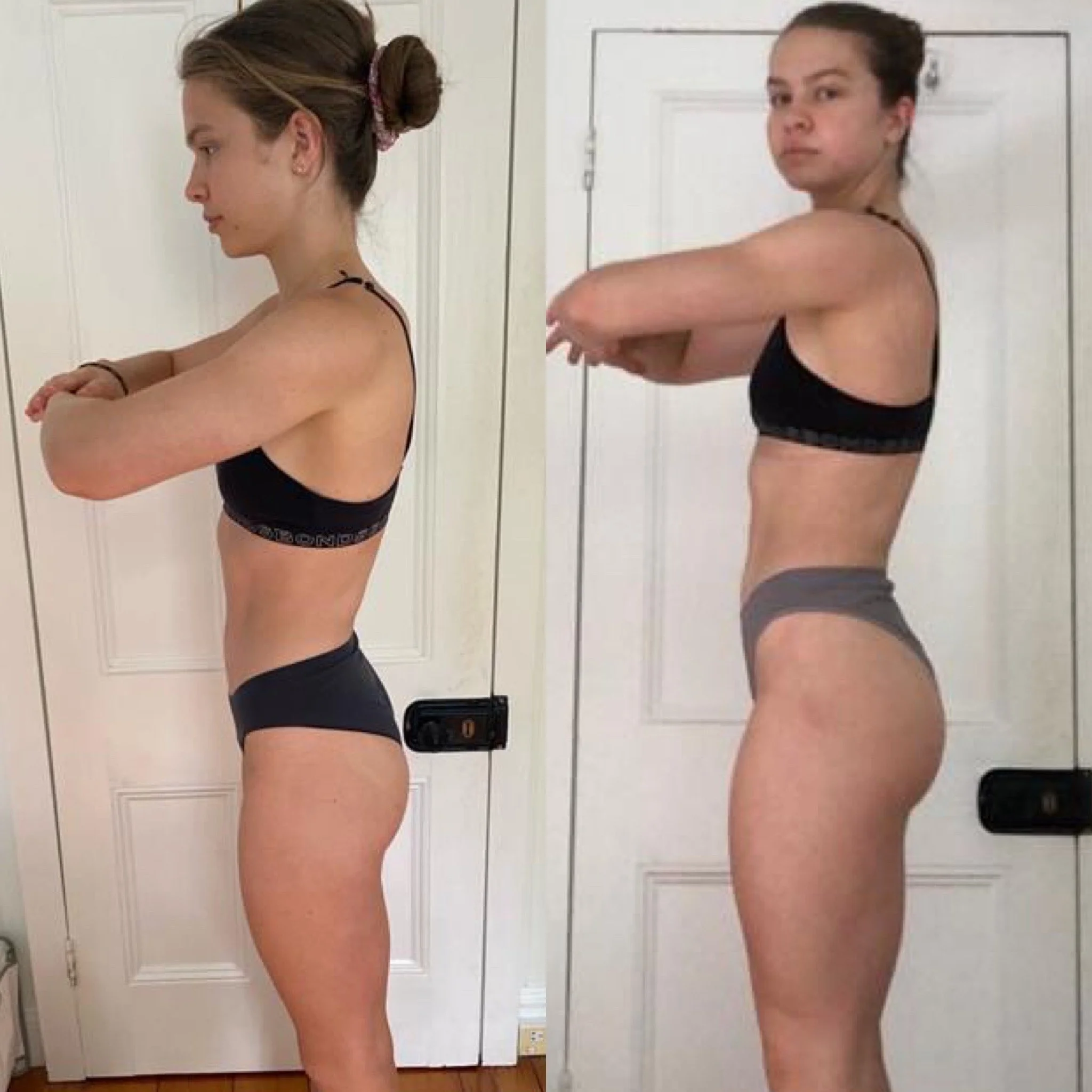 Side view of a woman before and after workout, wearing black sports bra and dark shorts, showing body transformation.
