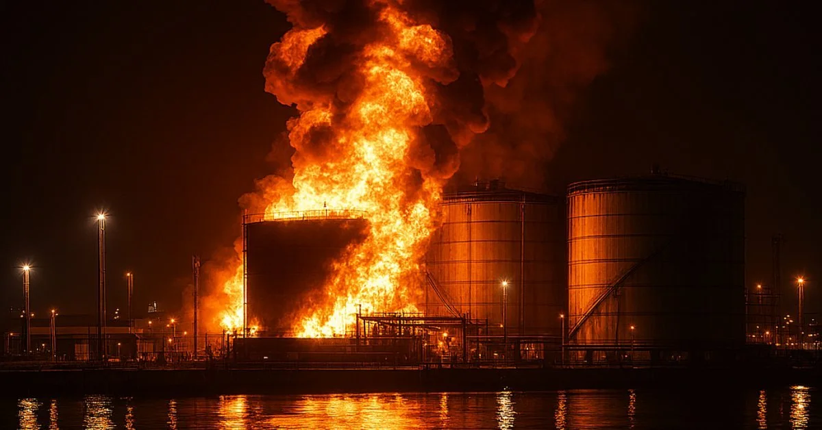 Illustration of a burning oil terminal representing recent strikes on Russian infrastructure. AI-generated by CoPilot, created by Kristian Bischoff