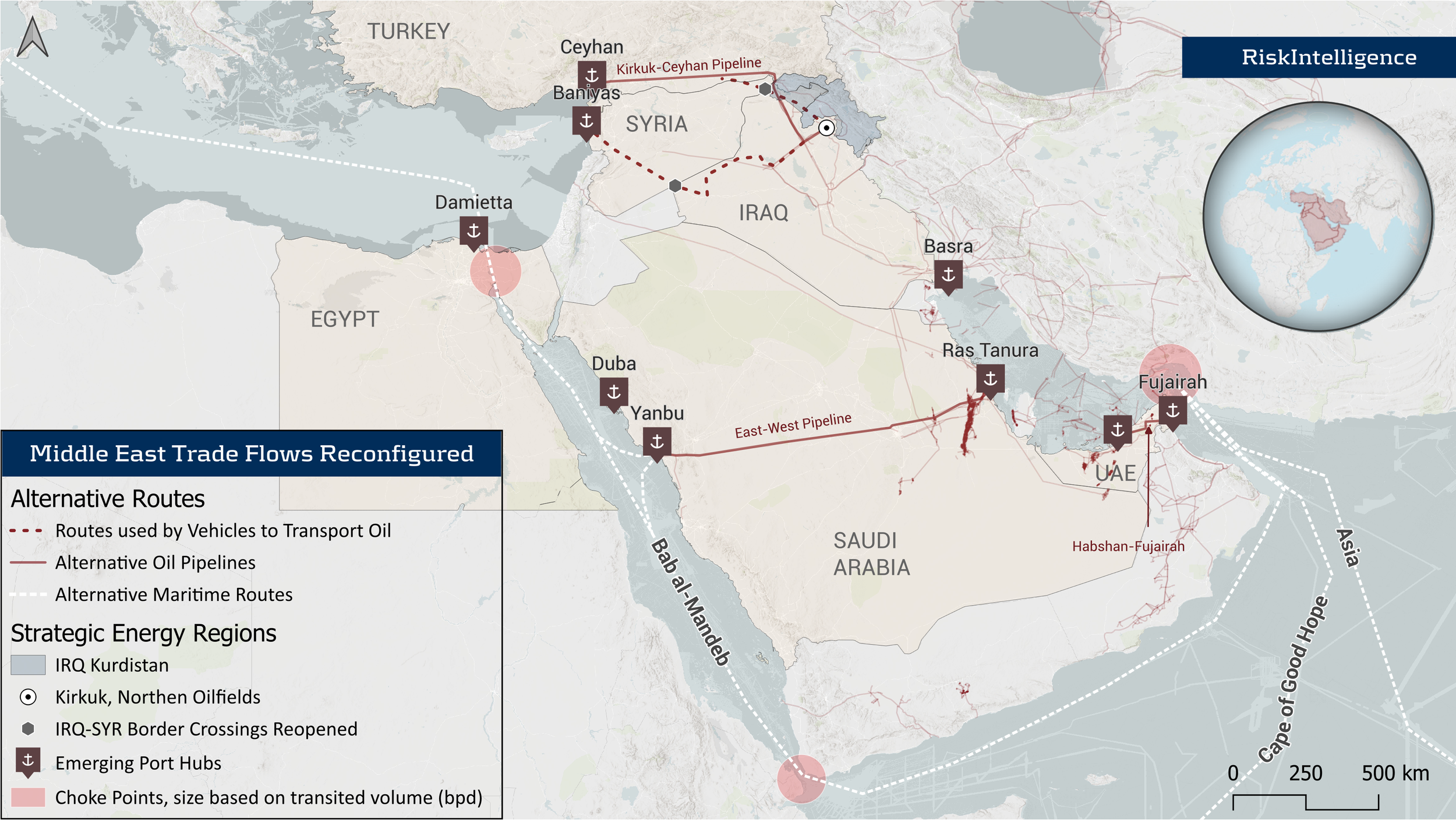 Middle East redistributed energy flows map. Source: Ignacio Mendez, Security Analyst Intern, Risk Intelligence