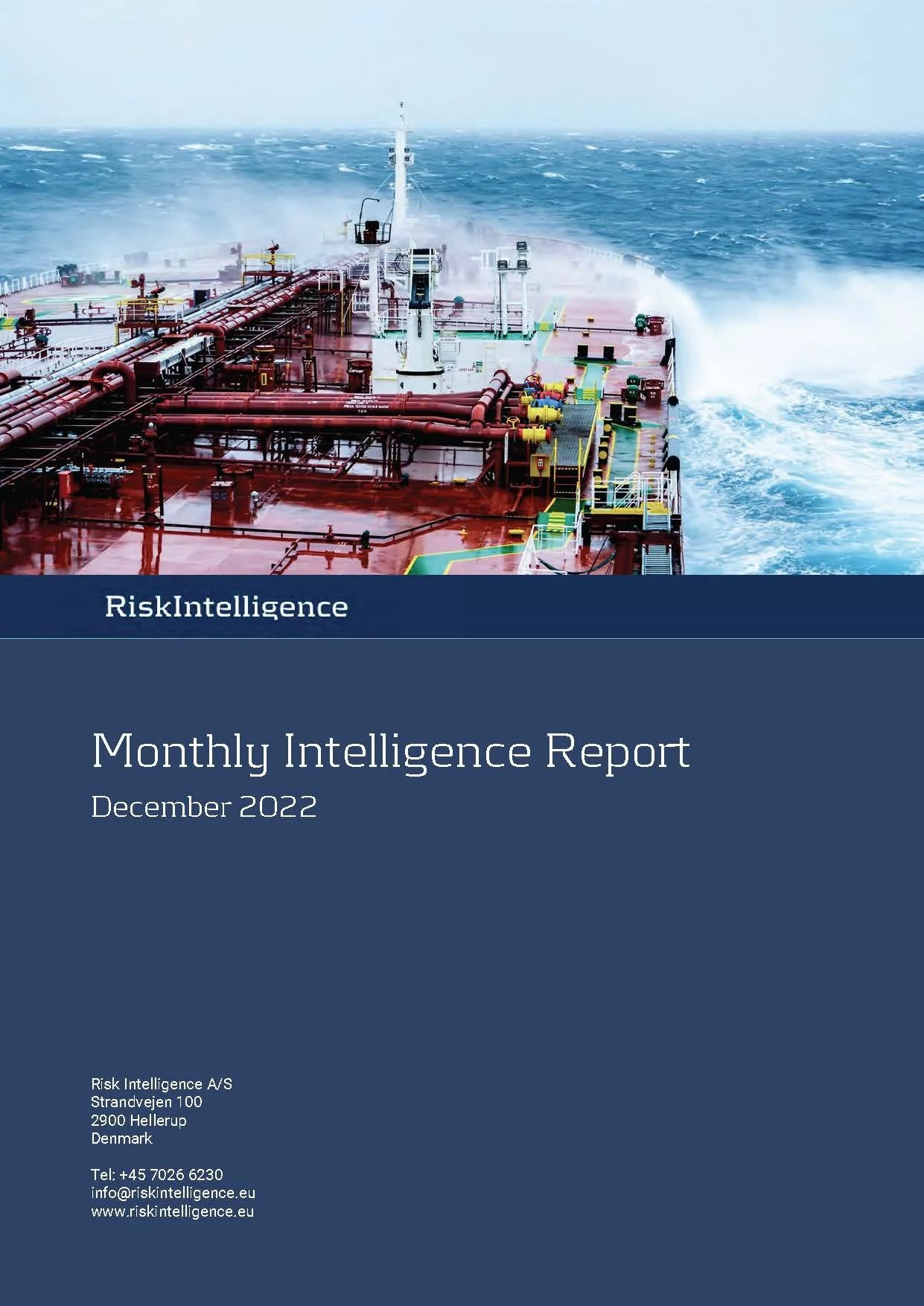 Cover picture of Monthly Intelligence Report for December, featuring a headline in the centre and a vessel in the background.