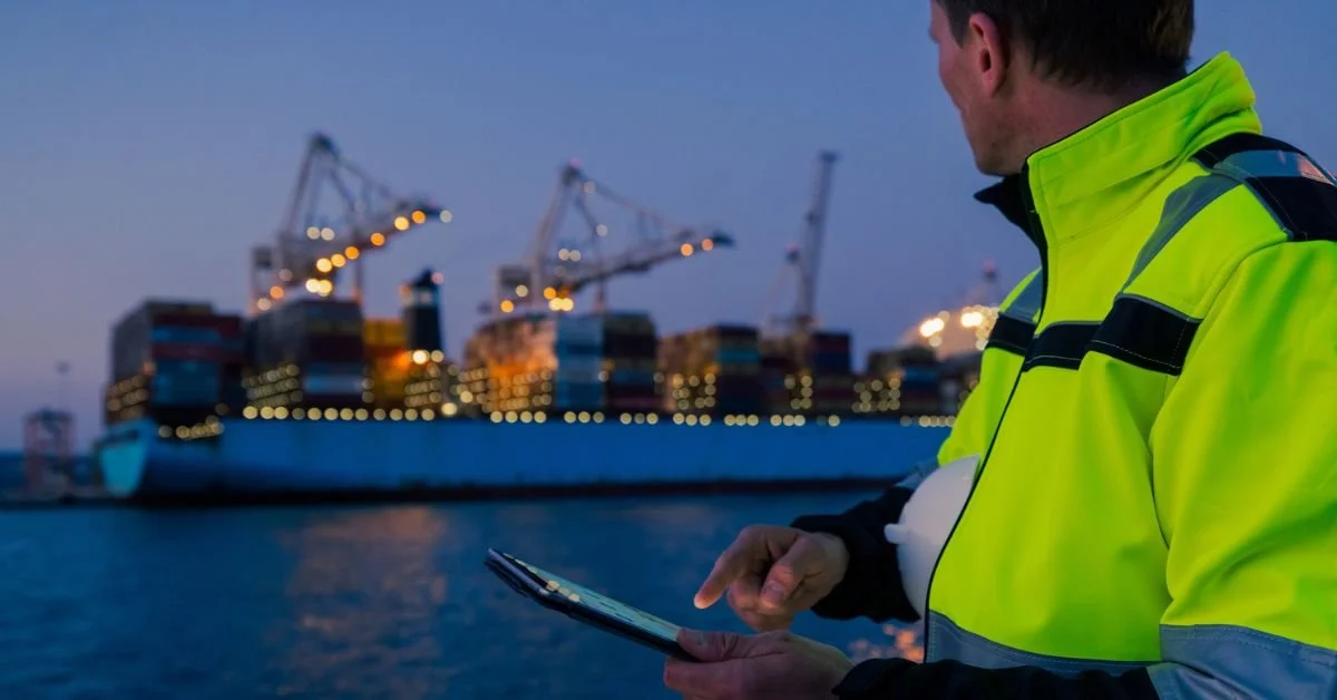 Illustrative image of a port worker overlooking a container vessel and port cranes. Credit: SimonSkafar/iStock
