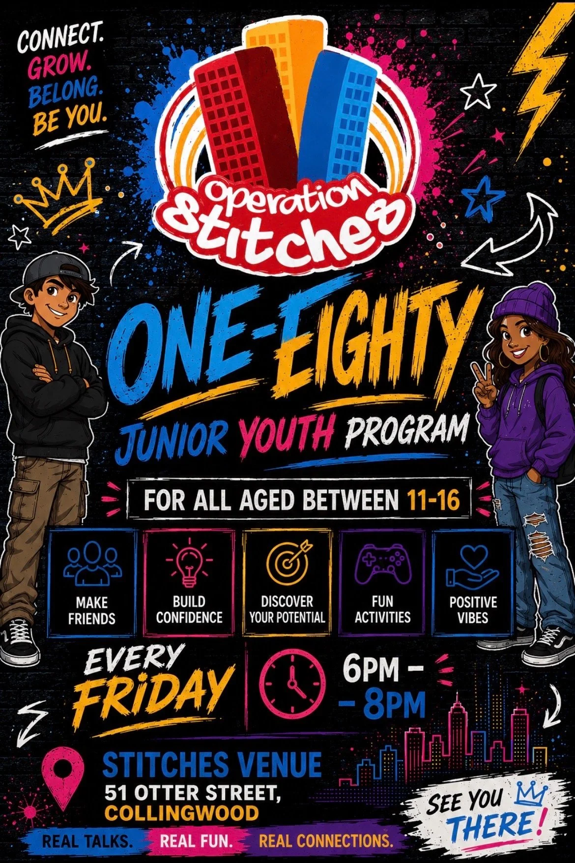 A colorful, animated flyer for Operation Stitches, a junior youth program for ages 11-16. It features illustrations of a boy and girl, and icons representing making friends, building confidence, discovering potential, fun activities, and positive vibes. The event takes place every Friday from 6 PM to 8 PM at Stitches Venue, 51 Otter Street, Collingwood.
