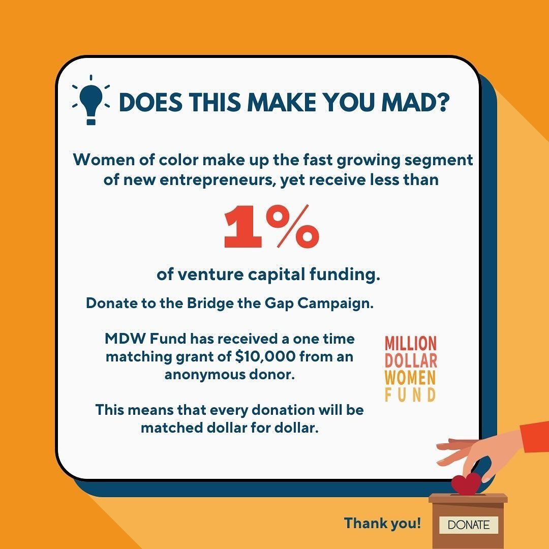 Support women of color entrepreneurs this Giving Tuesday! 🌟 

They are the fastest-growing group of new business owners but receive less than 1% of venture capital funding. With your help, we can change that. Thanks to a generous donor, every dollar