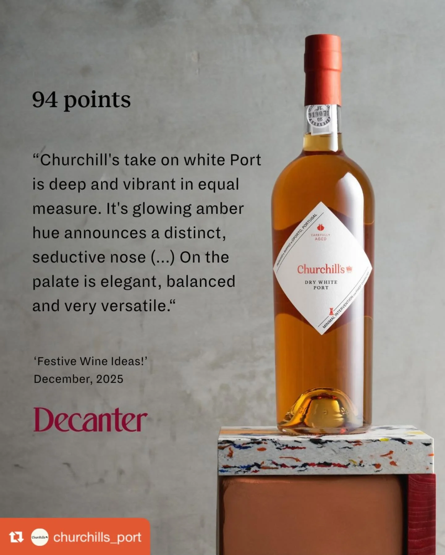 Festive, indeed! We totally agree&hellip;

Repost from @churchills_port
&bull;
Our first Christmas gift arrived early! 👏 Our Churchill&rsquo;s Dry White Port has just been awarded an exceptional 94 points by Decanter Magazine! ✨🍷Featured in their F