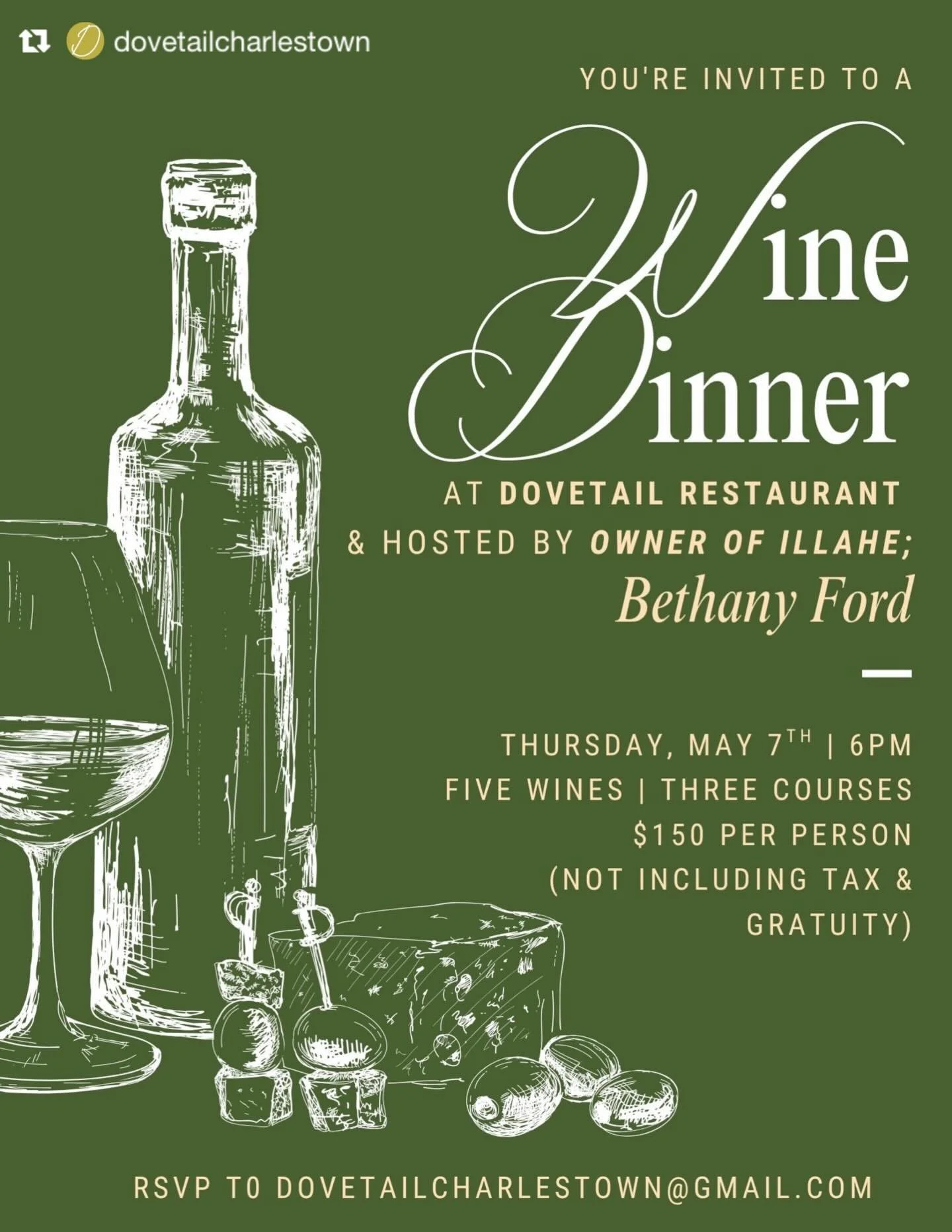 Repost from @dovetailcharlestown
&bull;
After another dreamy wine dinner last night, we simply couldn&rsquo;t wait too long for the next one!

Join us next week as we host a special evening with @illahevineyards owner @bethanygraceford 🥂

We&rsquo;v