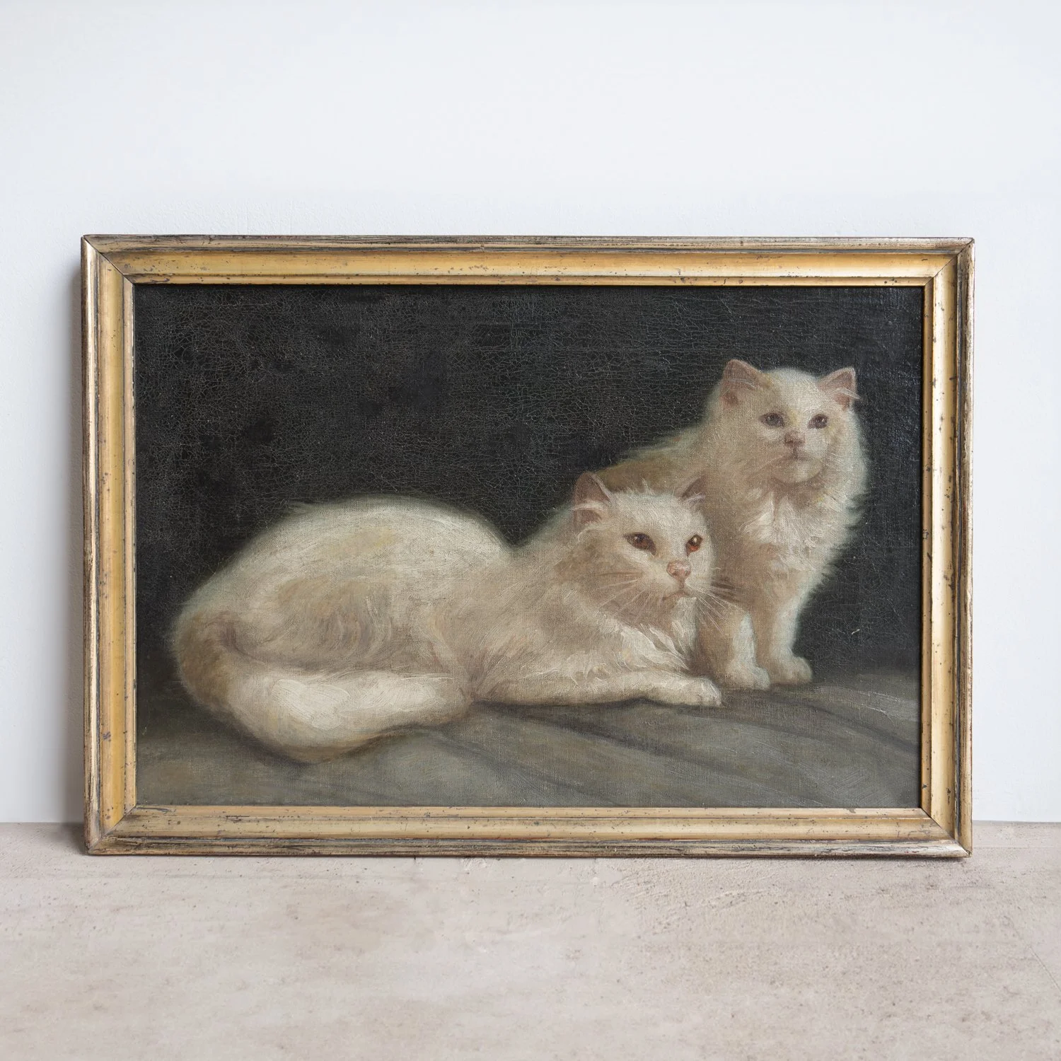 Portrait of a Pair of White Cats, Antique Original Oil Painting, Attributed to Arthur Heyer, Late 19th/Early 20th C.