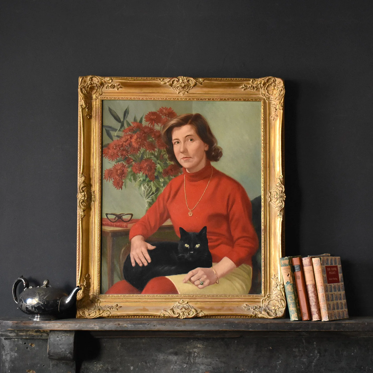 Oil on Canvas Portrait - Woman Stroking her Cat 