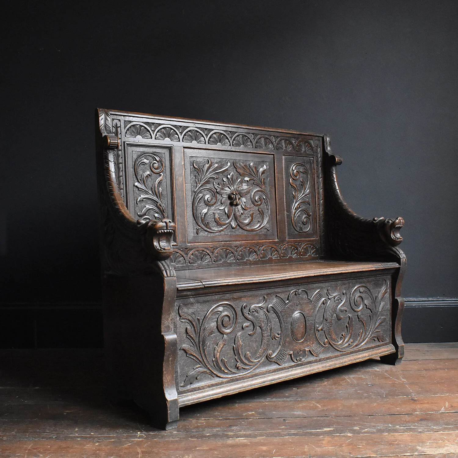 Late 19th Century Gothic Revival Carved Oak Settle