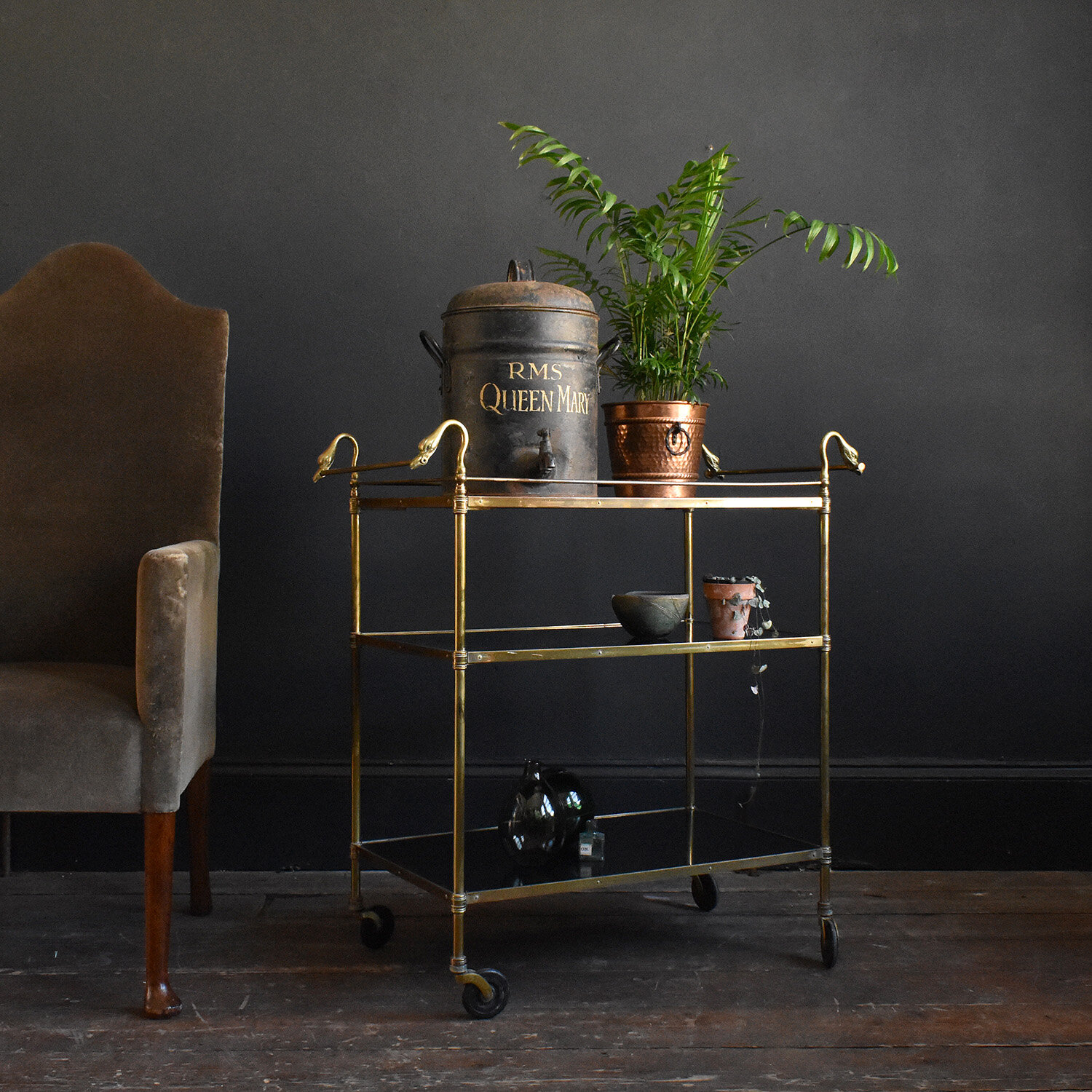 Mid Century Swan Handled Gilt Brass Drink Trolley