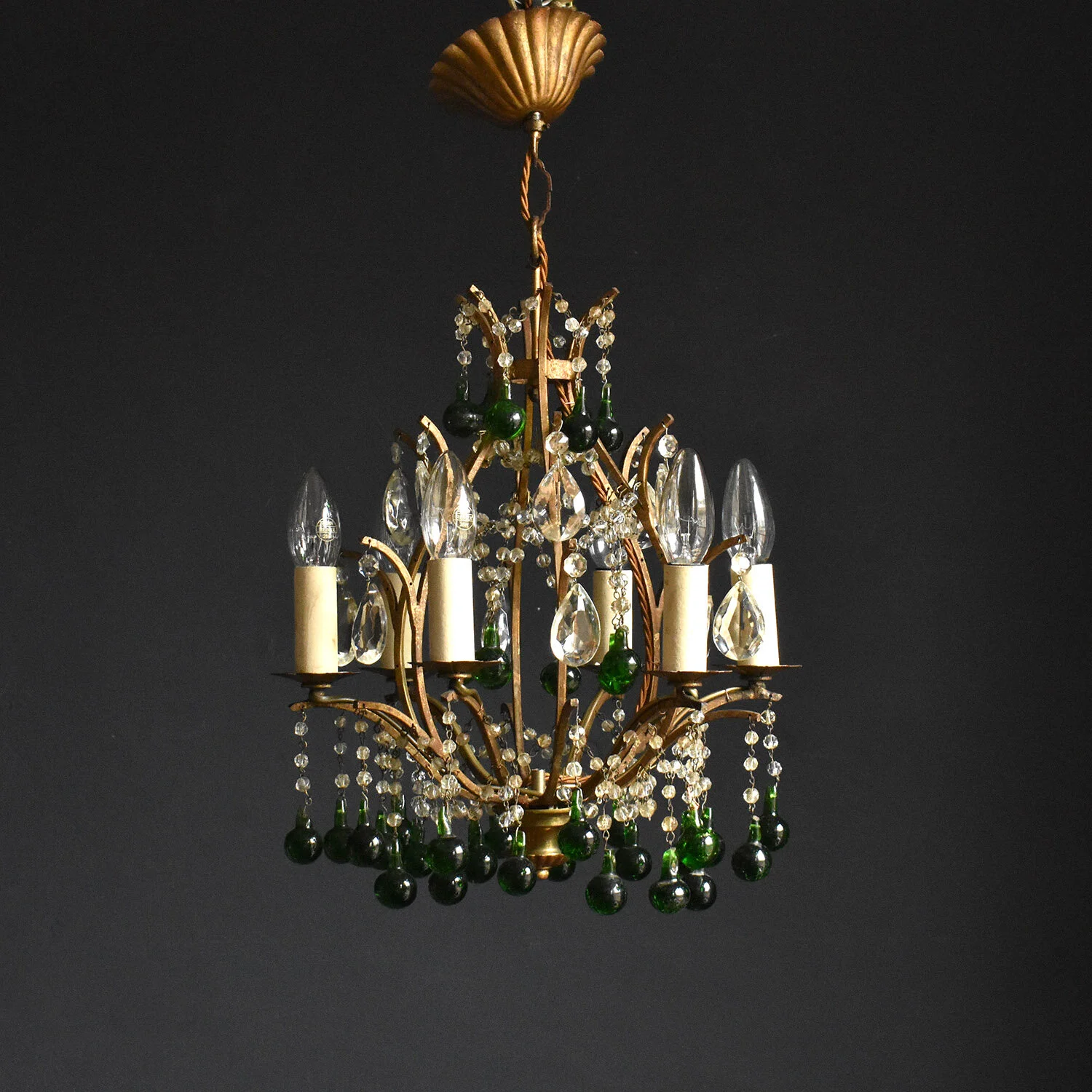Gilt Chandelier With Green Murano Glass Drops