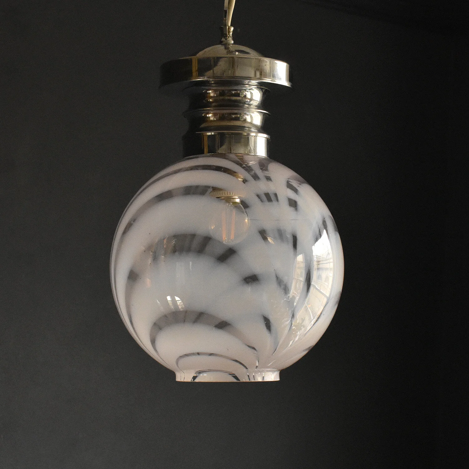 Vintage Hand Blown Opaline Glass and Chrome Pendant Light Fitting, c. 1960s