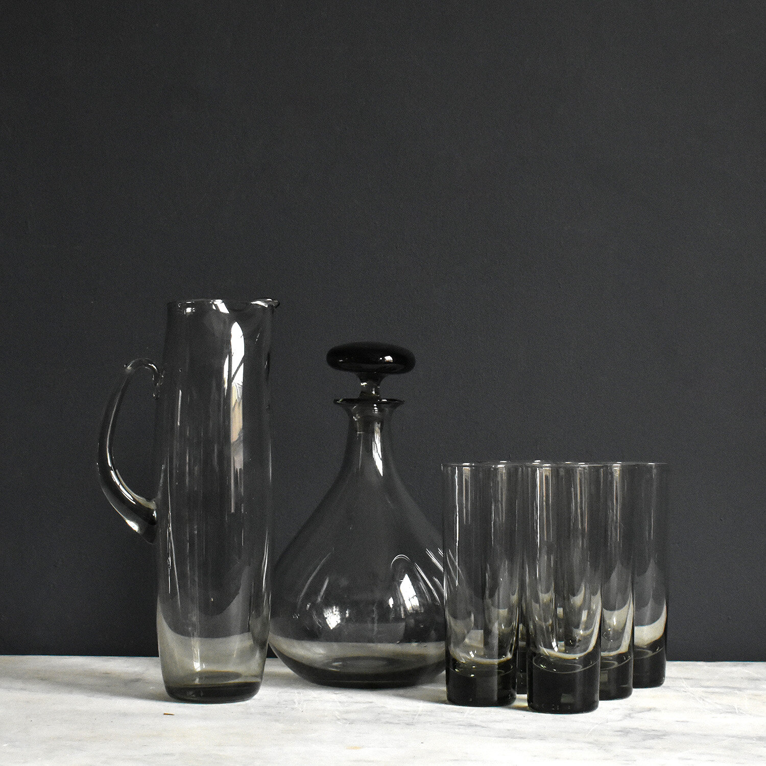 Smoked Glass Decanter, Jug and Glasses Set, 1960s
