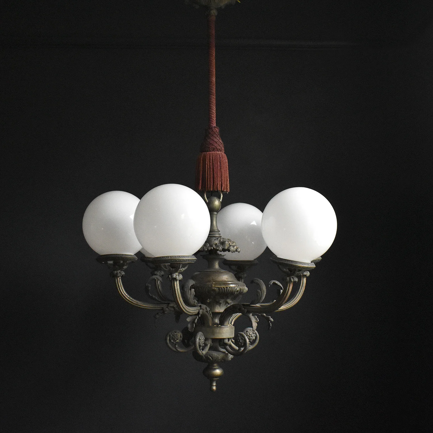 Antique Cast Chandelier With Opaline Glass Shades