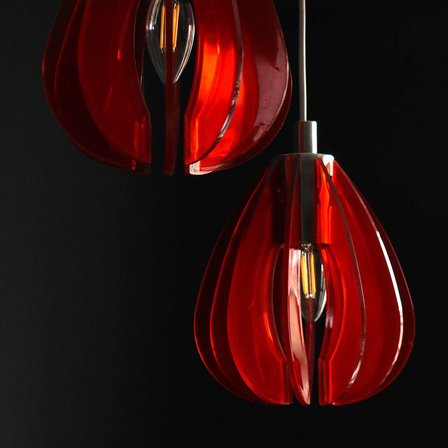 Vintage Red Lucite and Chrome Pendant Lights