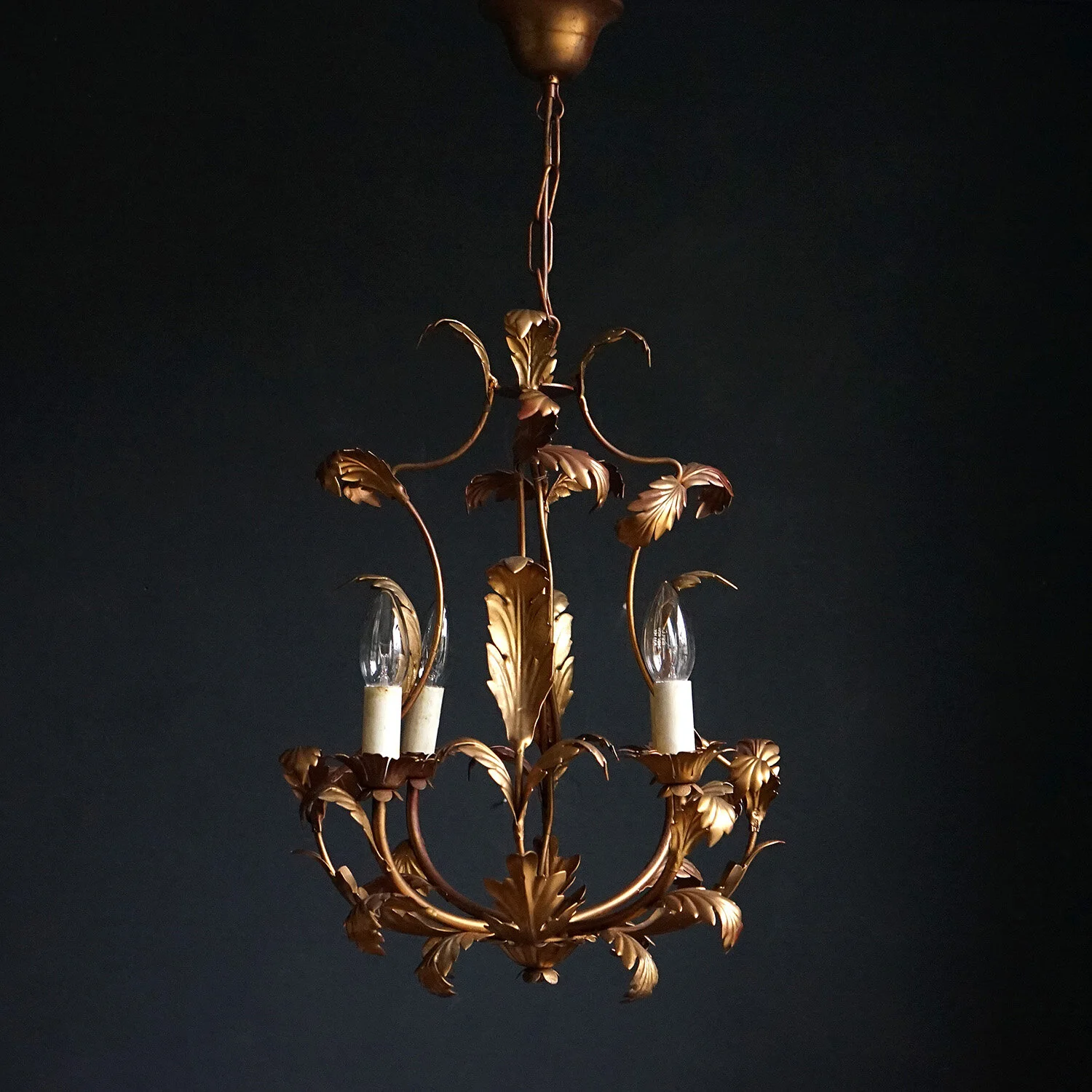 Mid Century Gilt Tole Acanthus Leaf Chandelier