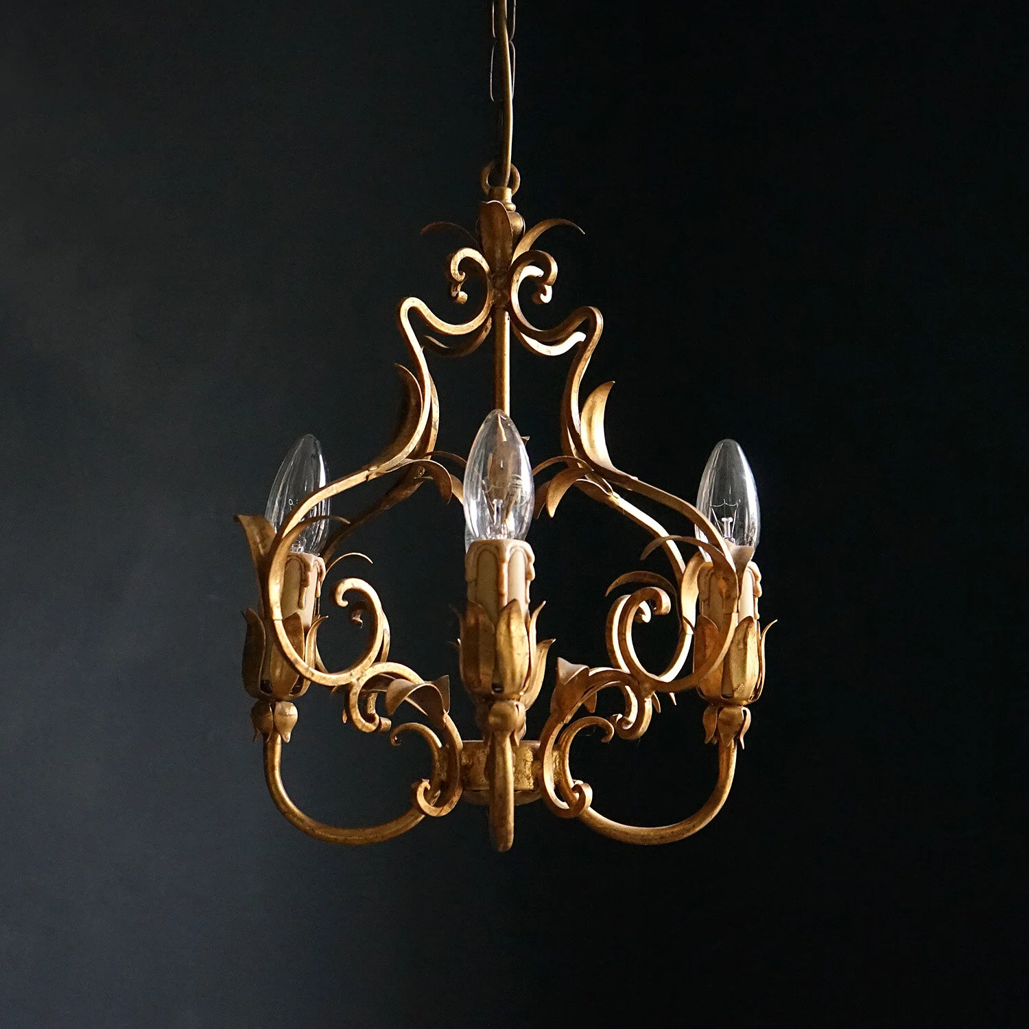 Small French Gilt Tole Chandelier, 1950s