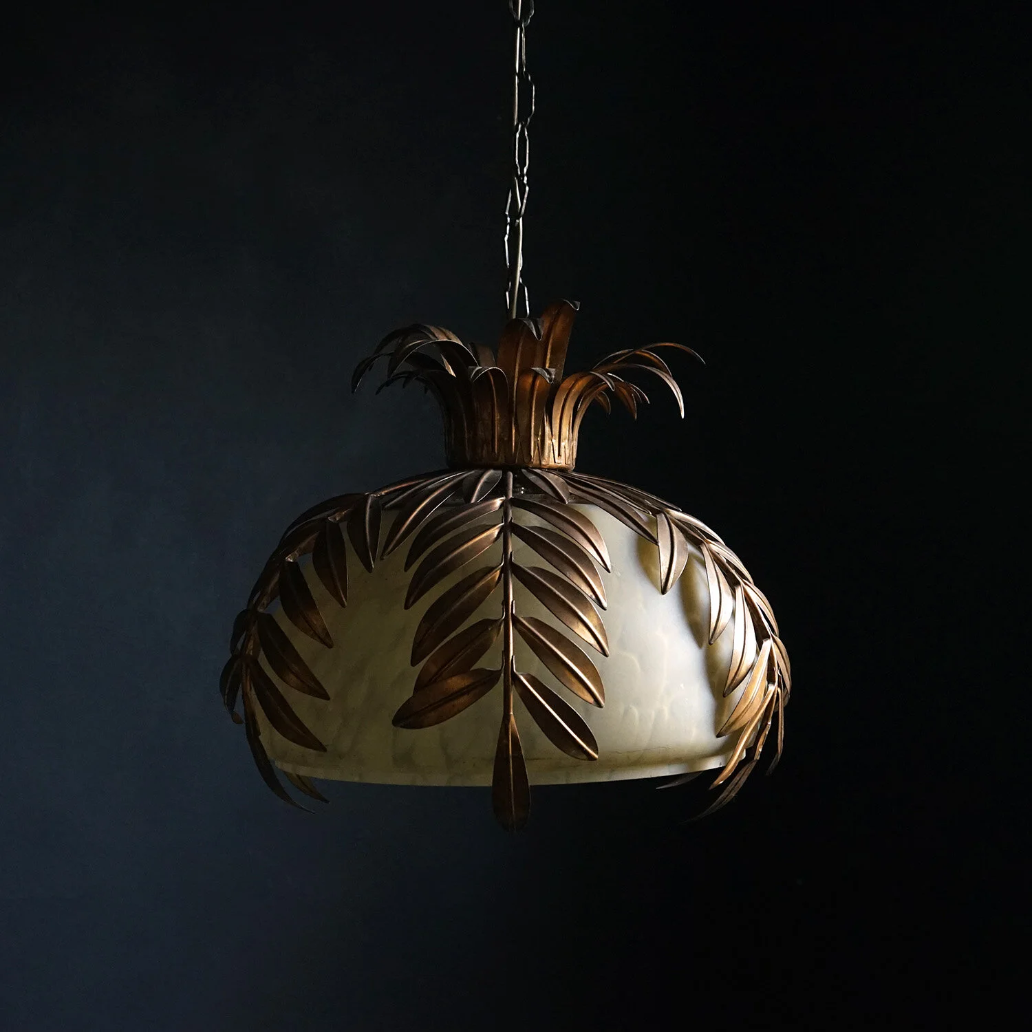 Gilt Tole Palm Leaf and Frosted Glass Pendant Light 