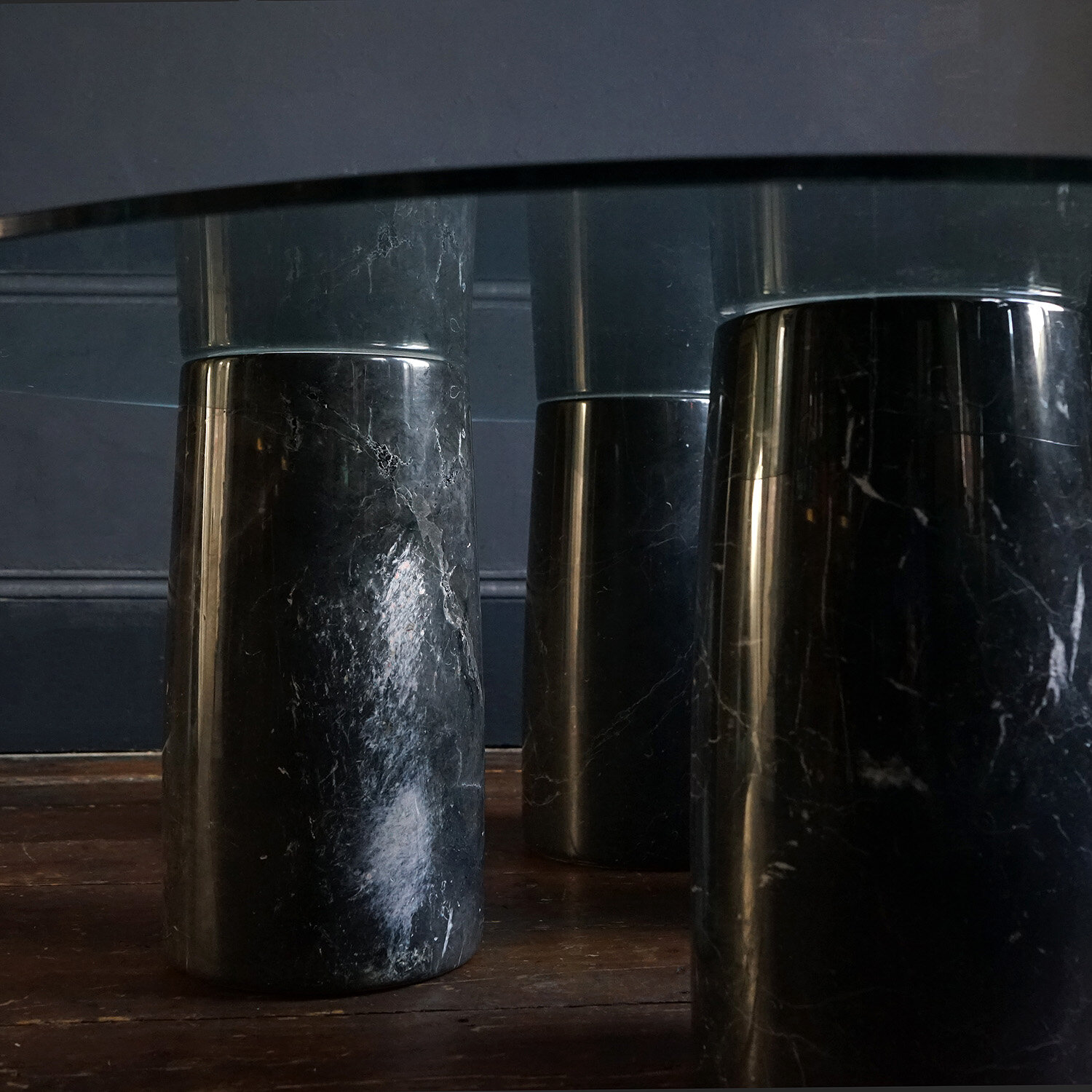 Italian Glass and Black Marble Column Coffee Table