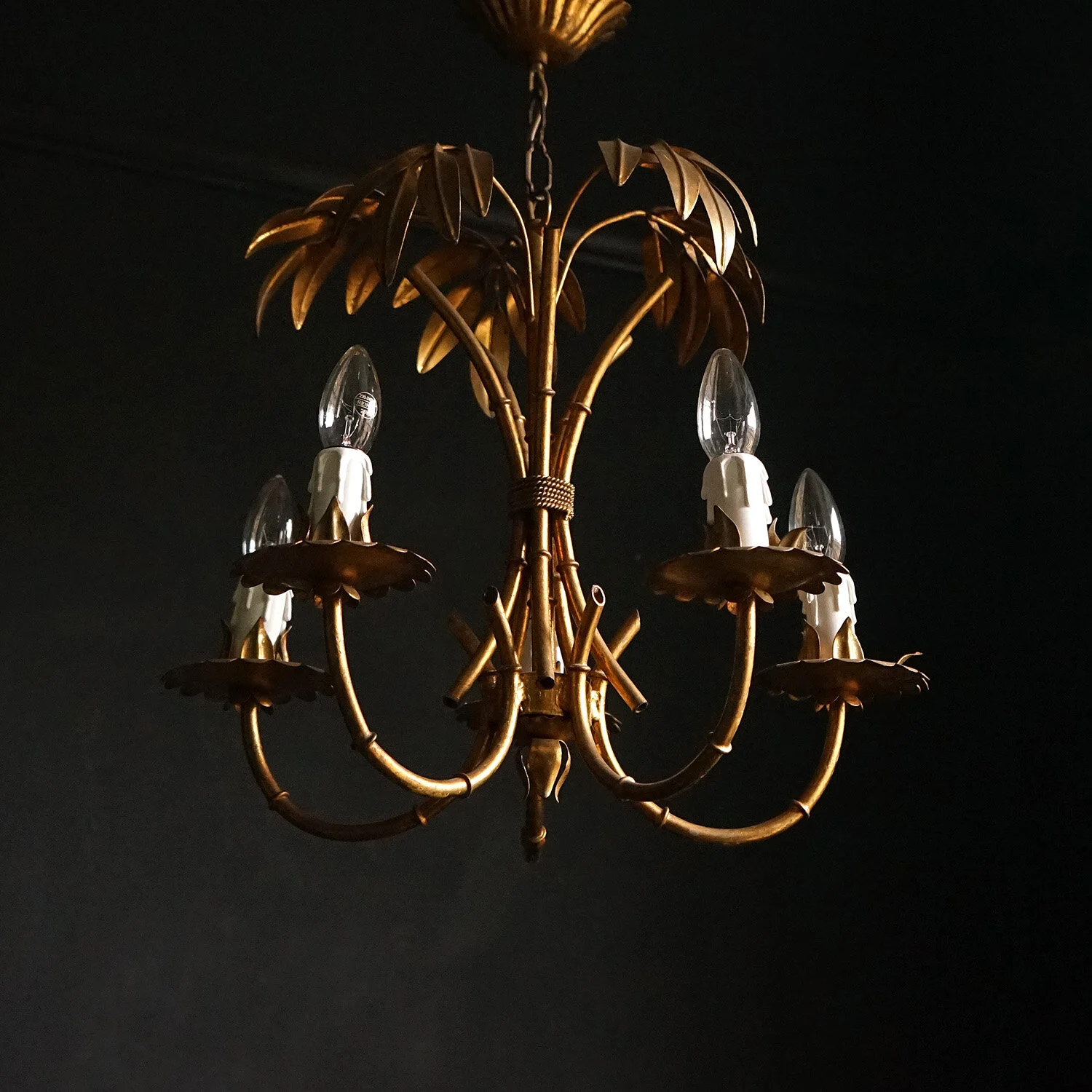 Gilt Tole Faux Bamboo and Palm Chandelier, 1950s