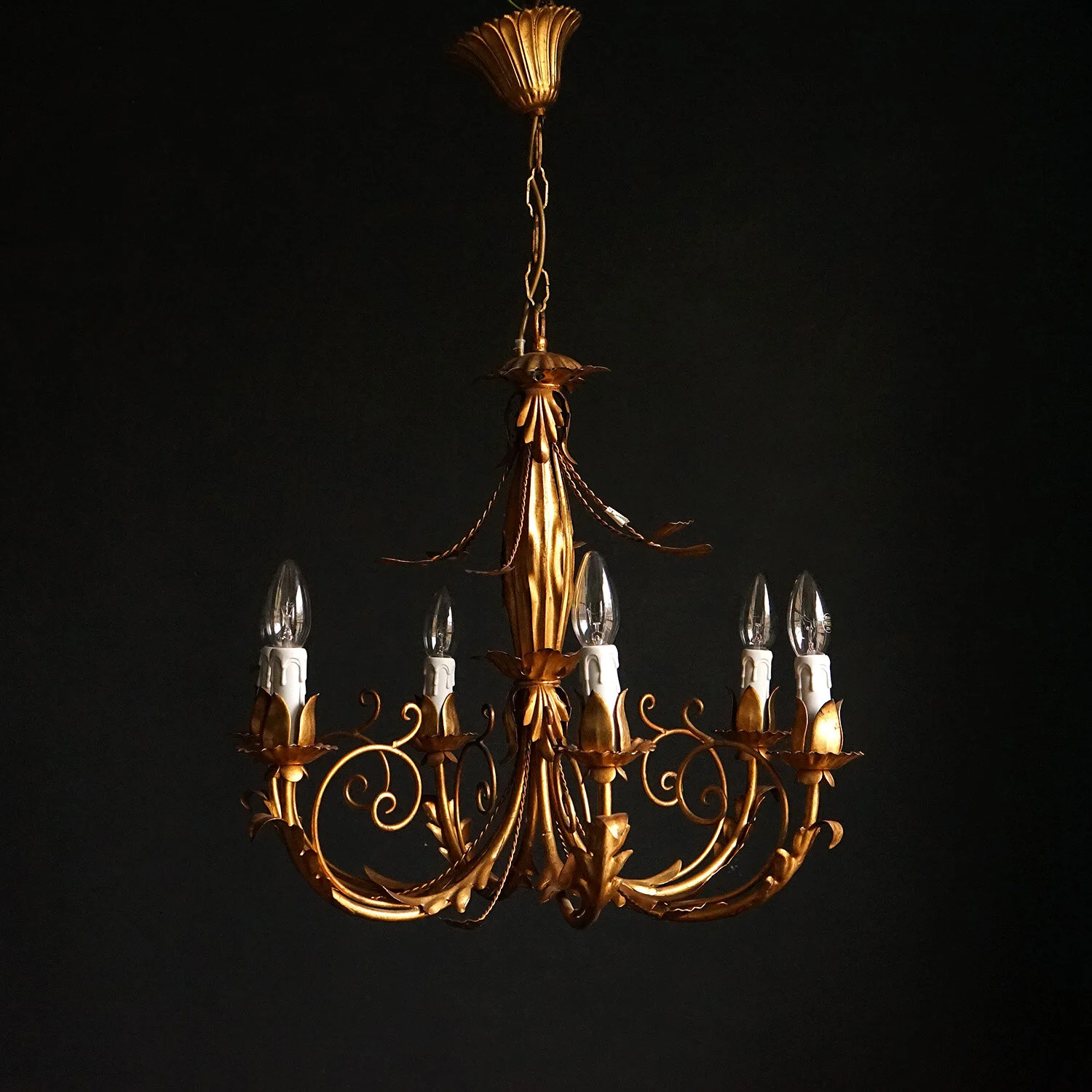Large Gilt Tole Six-Light Chandelier, 1950s