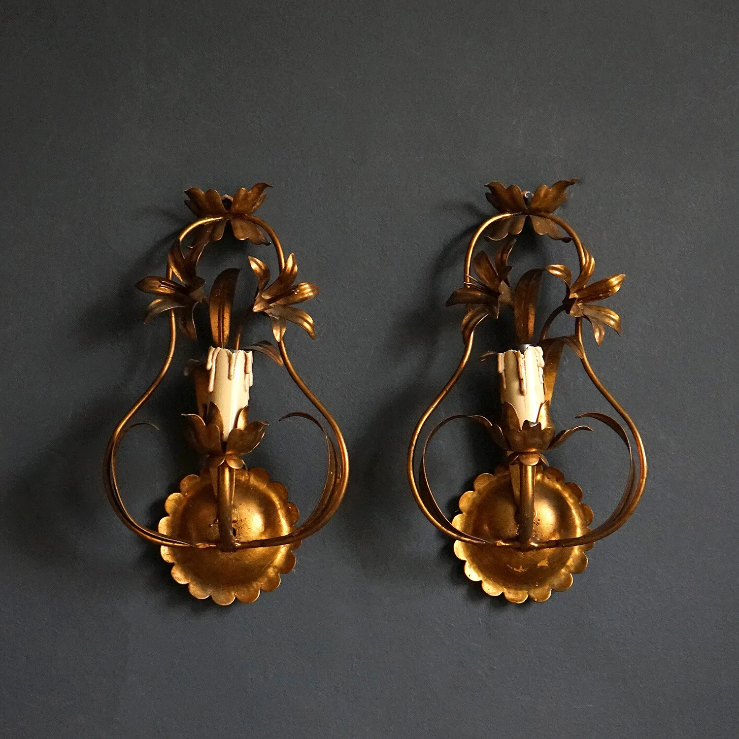 Pair of Vintage Gilt Tole Floral Lily Wall Lights