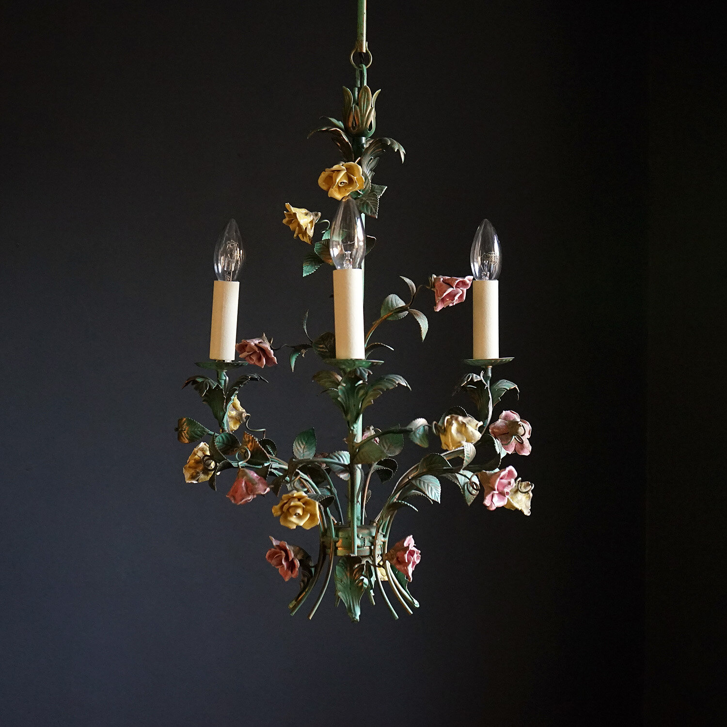 Italian Tole Peinte Chandelier With Porcelain Roses