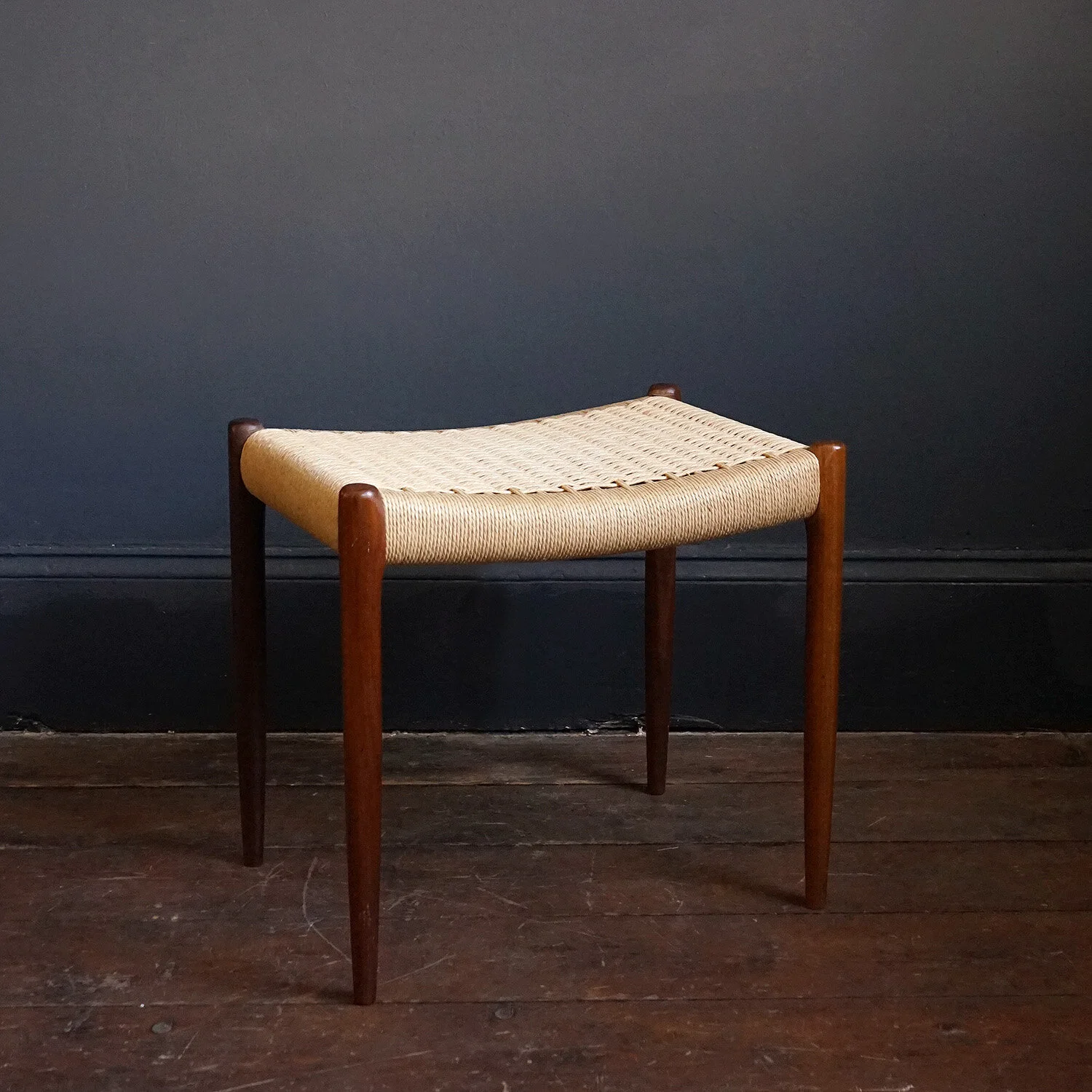 Mid Century Danish Teak and Paper Cord Stool by Niels Møller