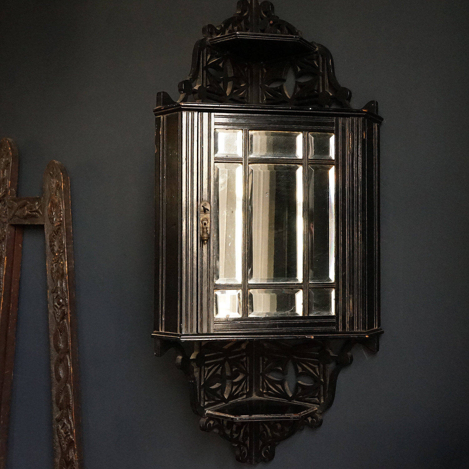 Ebonised Victorian Hanging Corner Cabinet With Key