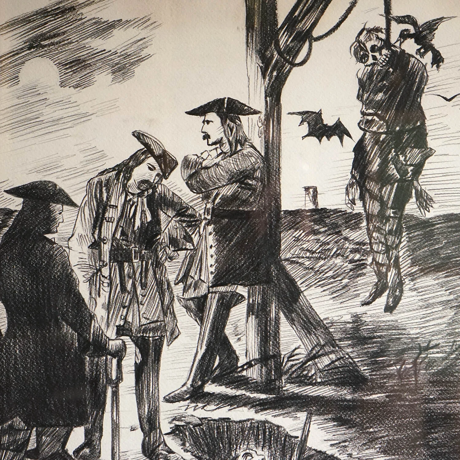 Vintage Framed Drawing Depicting a Dark and Macabre Hanging Scene