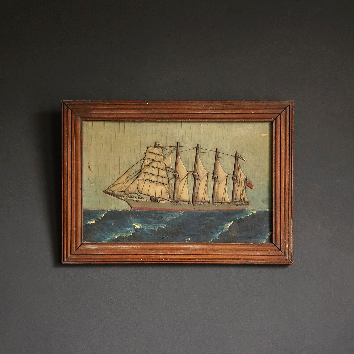 Folk Art Wooden Carved Tall Ship Picture, 19th Century
