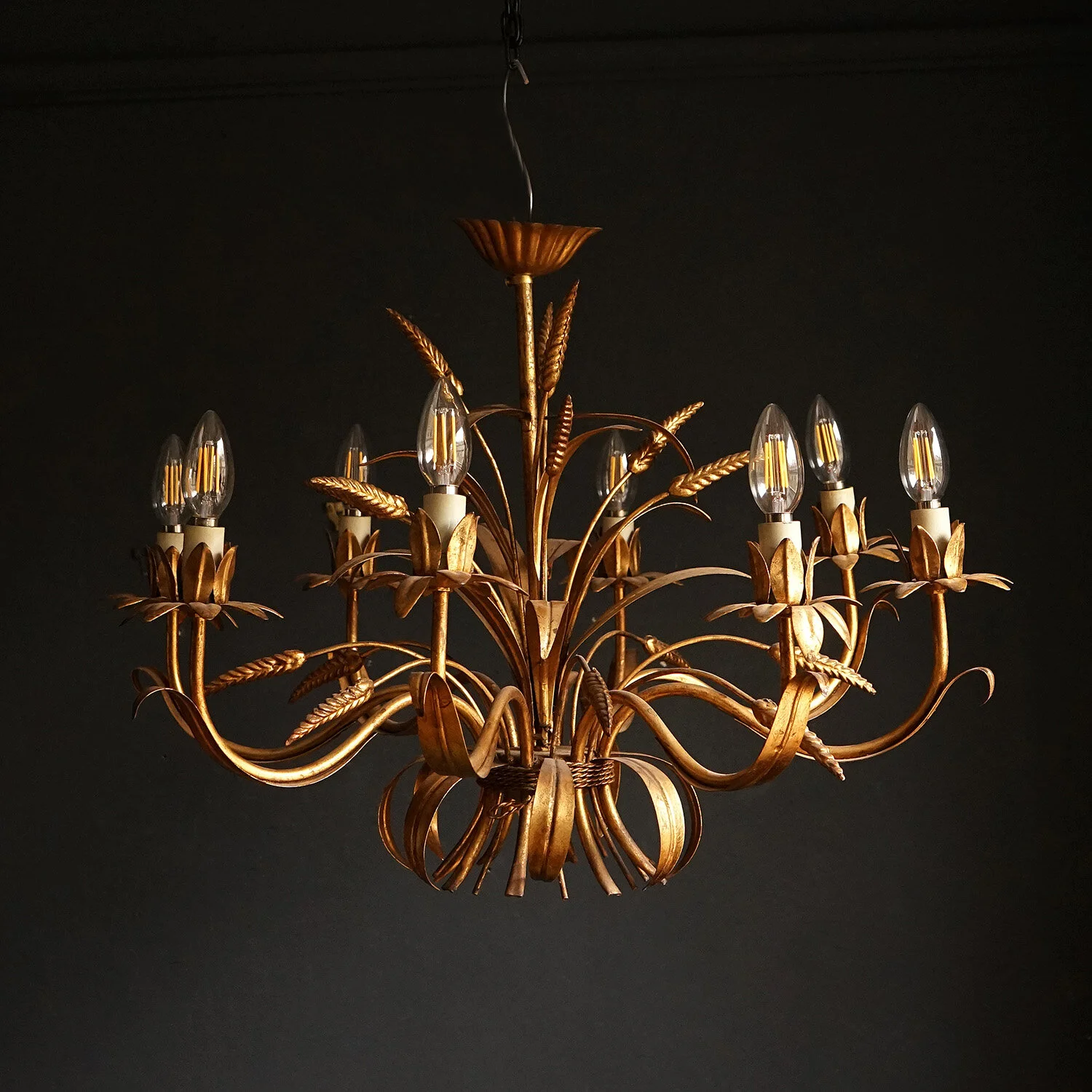 Large Eight-Light Gilt Tole Wheatsheaf Chandelier
