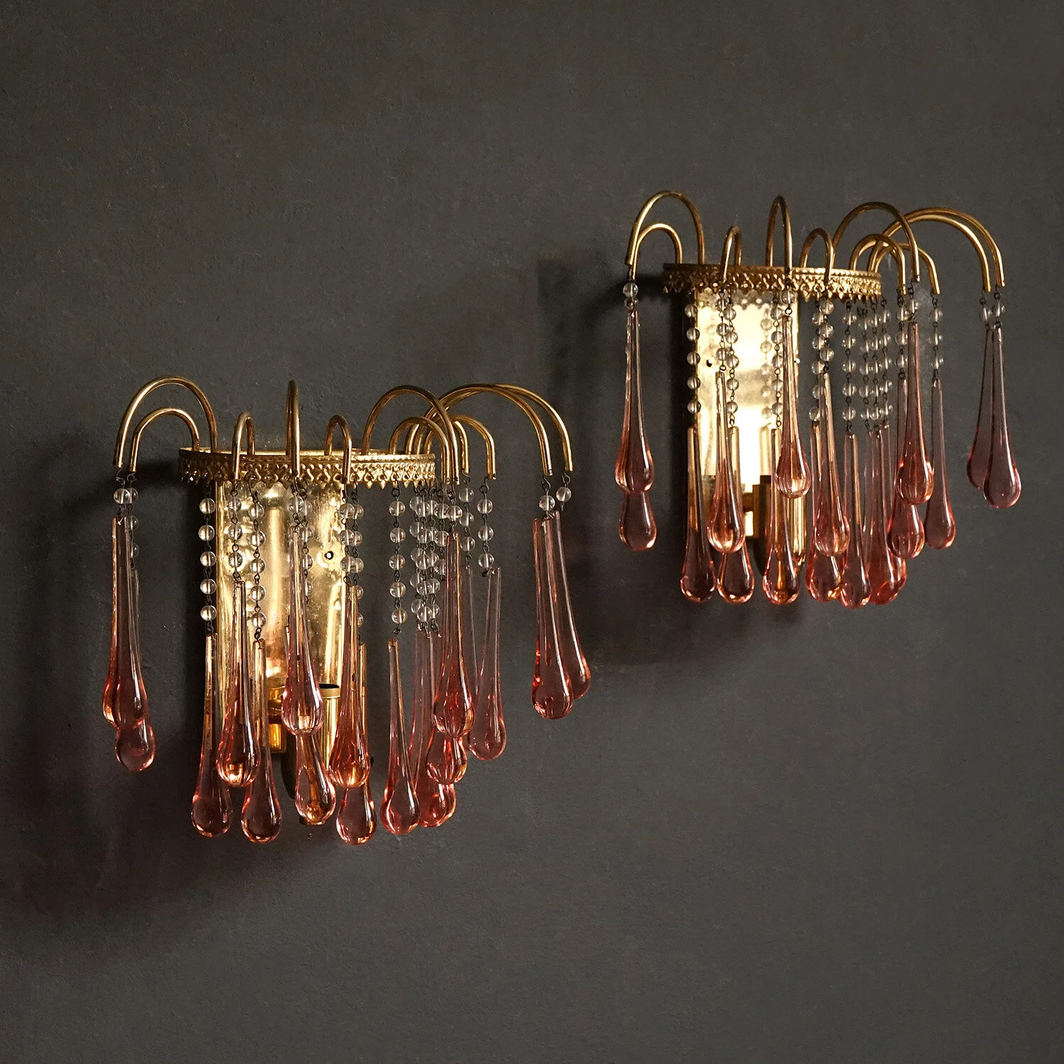 Pair of Pink Murano Glass Waterfall Wall Lights, 1960s