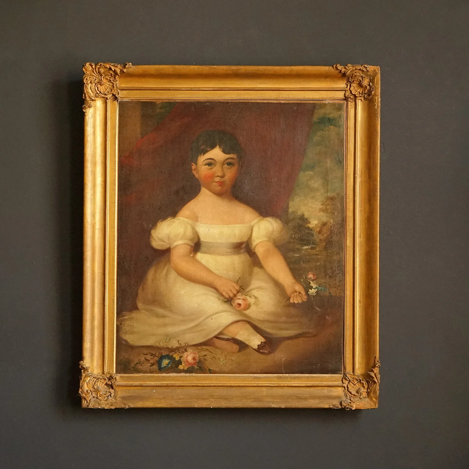 Large Naive Portrait of a Seated French Girl, 19th Century