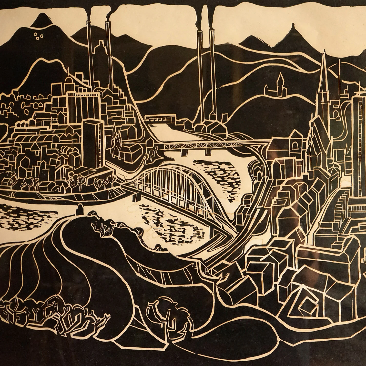 Huge Soviet Landscape Linocut by Oldrich Semrád, 1970s