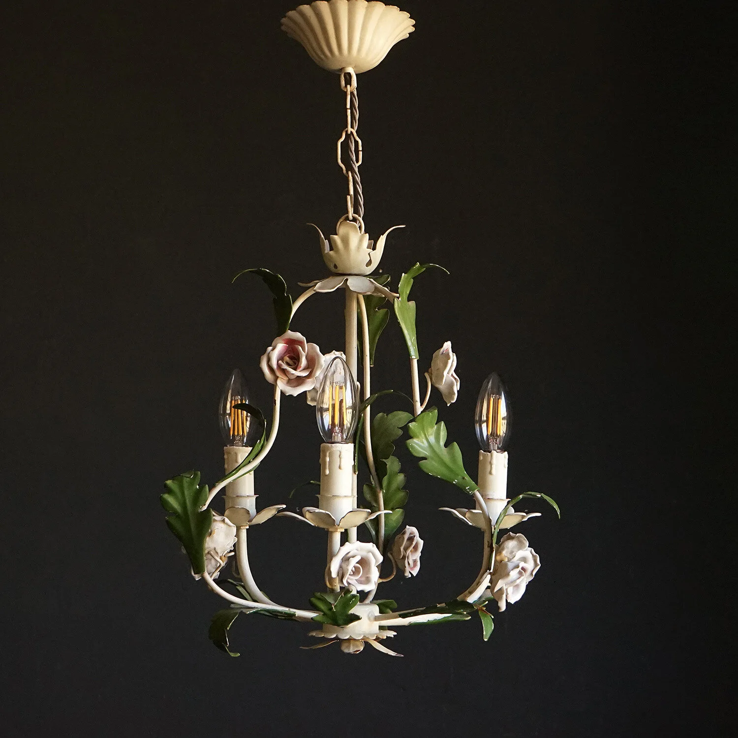 Italian Tole Peinte Chandelier With Porcelain Roses
