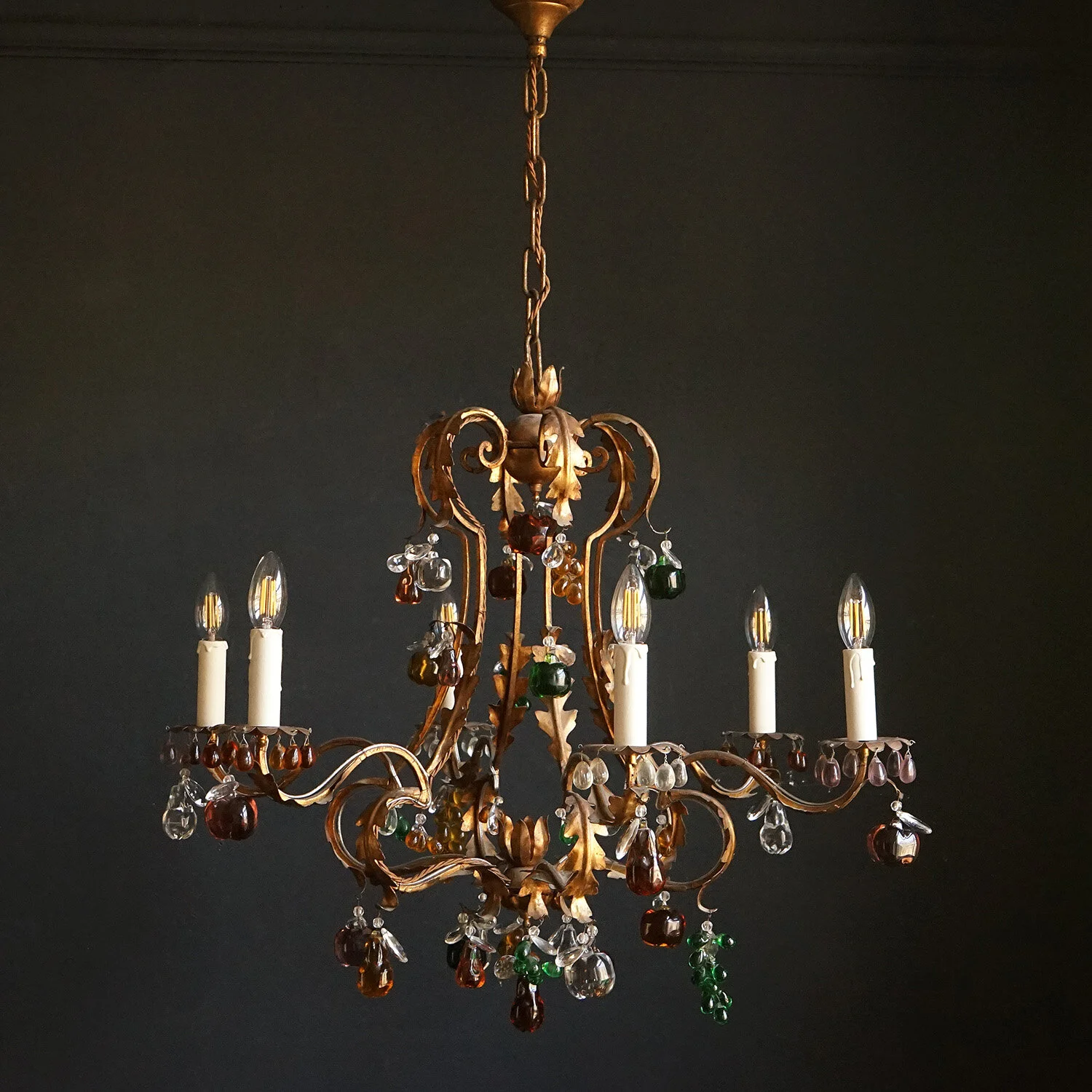 Large Italian Tole Chandelier With Murano Glass Fruit Drops 