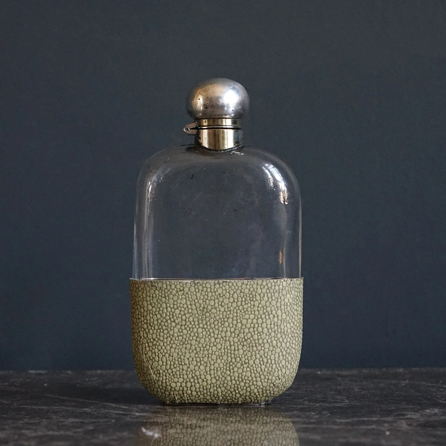 Large Antique George V Sterling Silver, Shagreen and Glass Hip Flask, Chester 1919