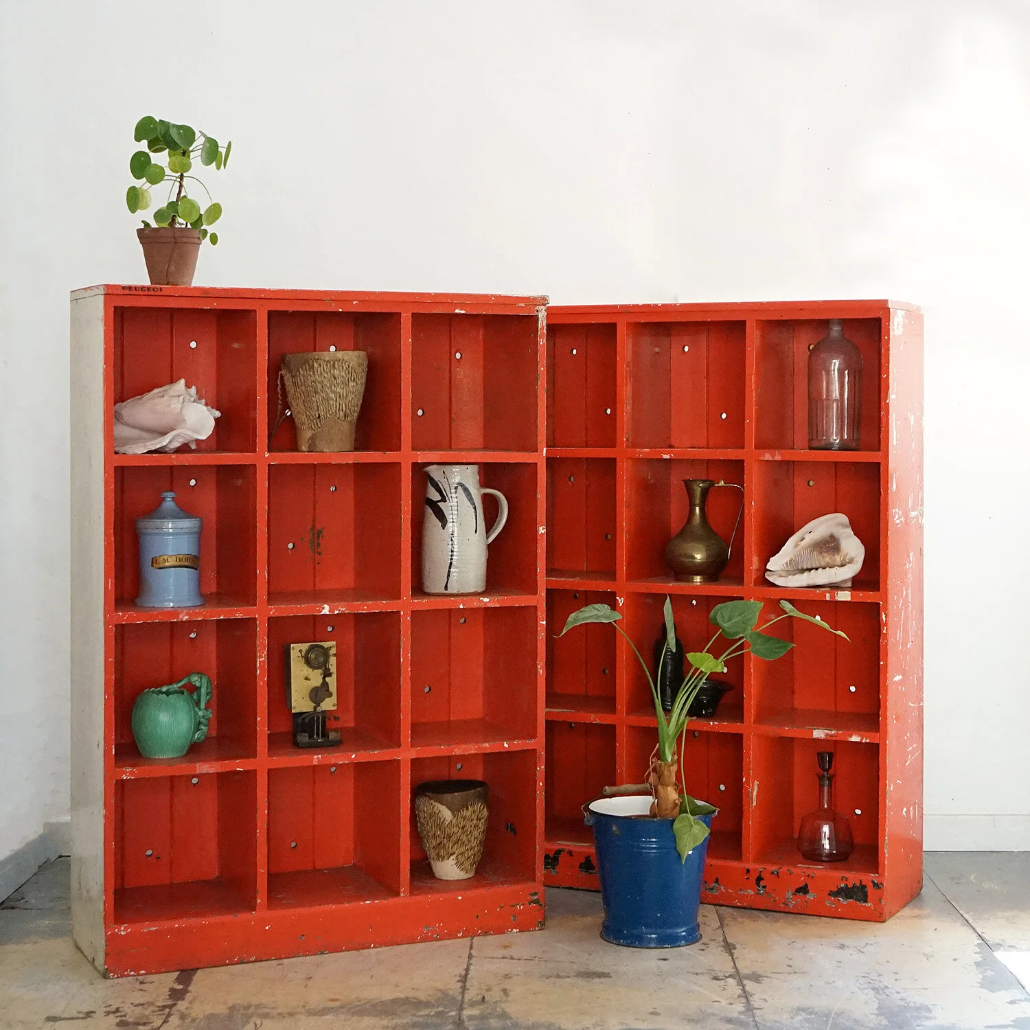 Red Painted Oak Bike Shop Pigeon Holes, Early 20th Century