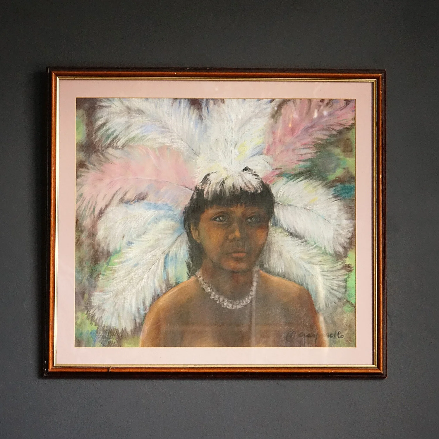 Italian Pastel Portrait of a Tribal Dancer With Feather Headdress