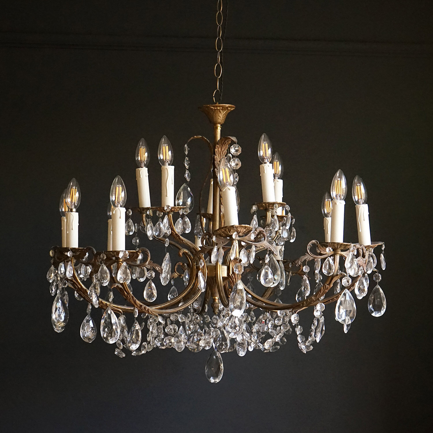 Large 15-Light Gilt and Crystal Chandelier, c. 1950s