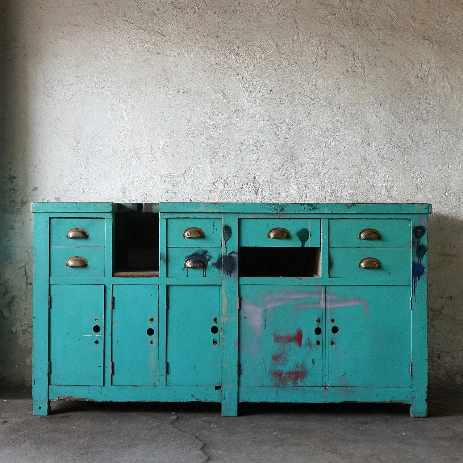 Turquoise Painted Industrial Workbench Sideboard