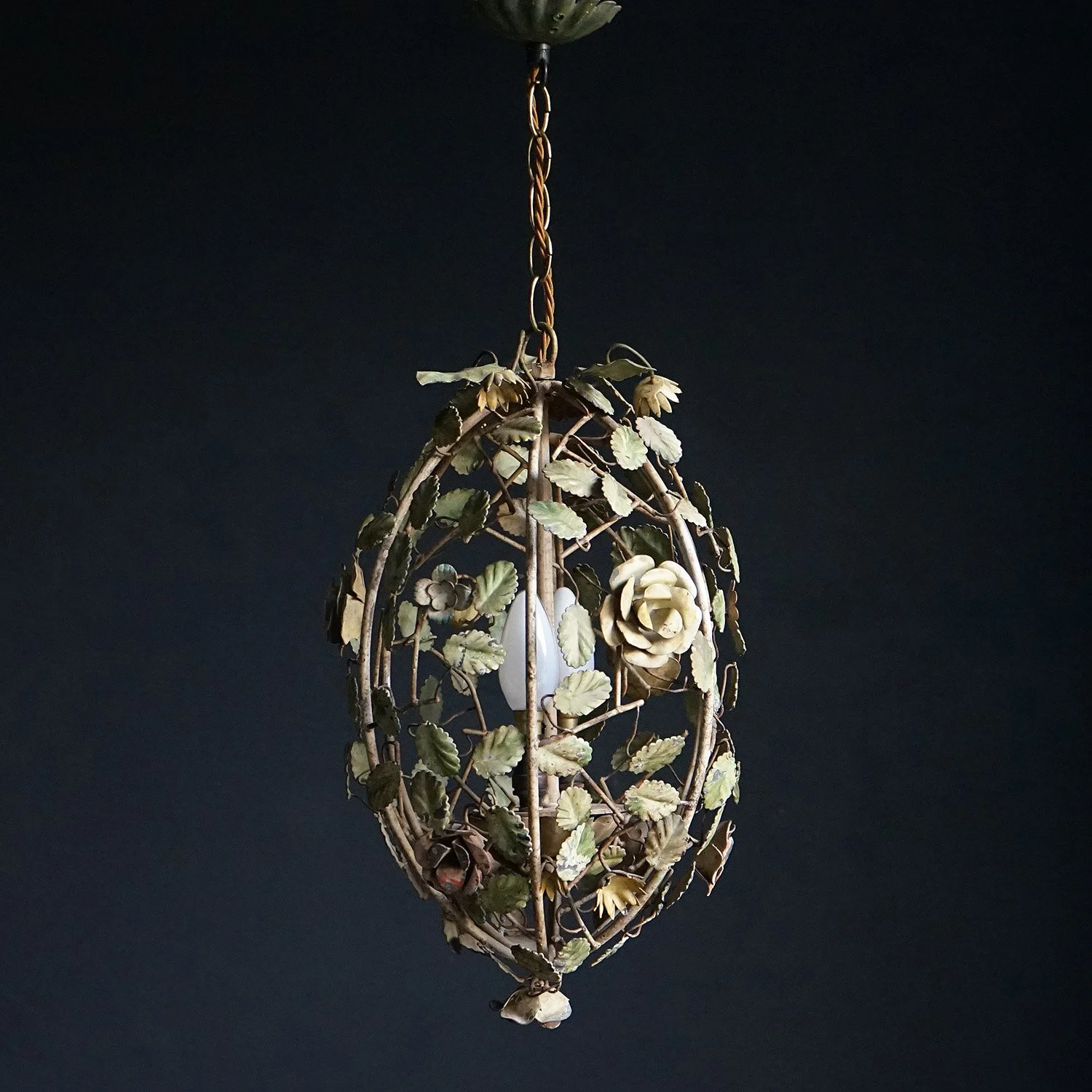 French Floral Toleware Pendant Light, 1940s