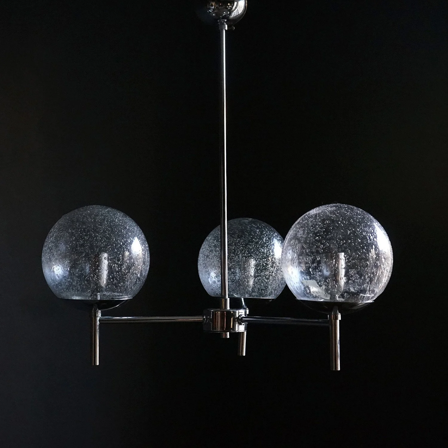 Vintage Hand Blown Bubble Glass and Chrome Chandelier, 1970s