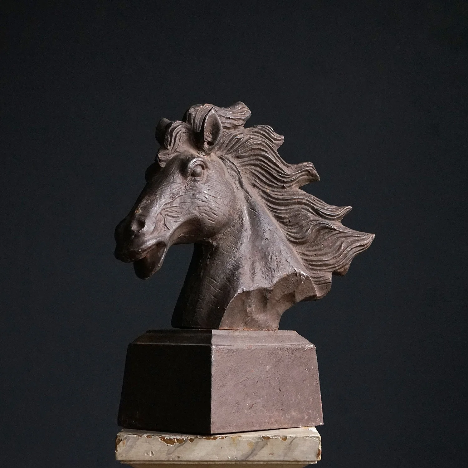 Vintage Cast Iron Horses Head Garden Statue Finial Sculpture, 20th Century